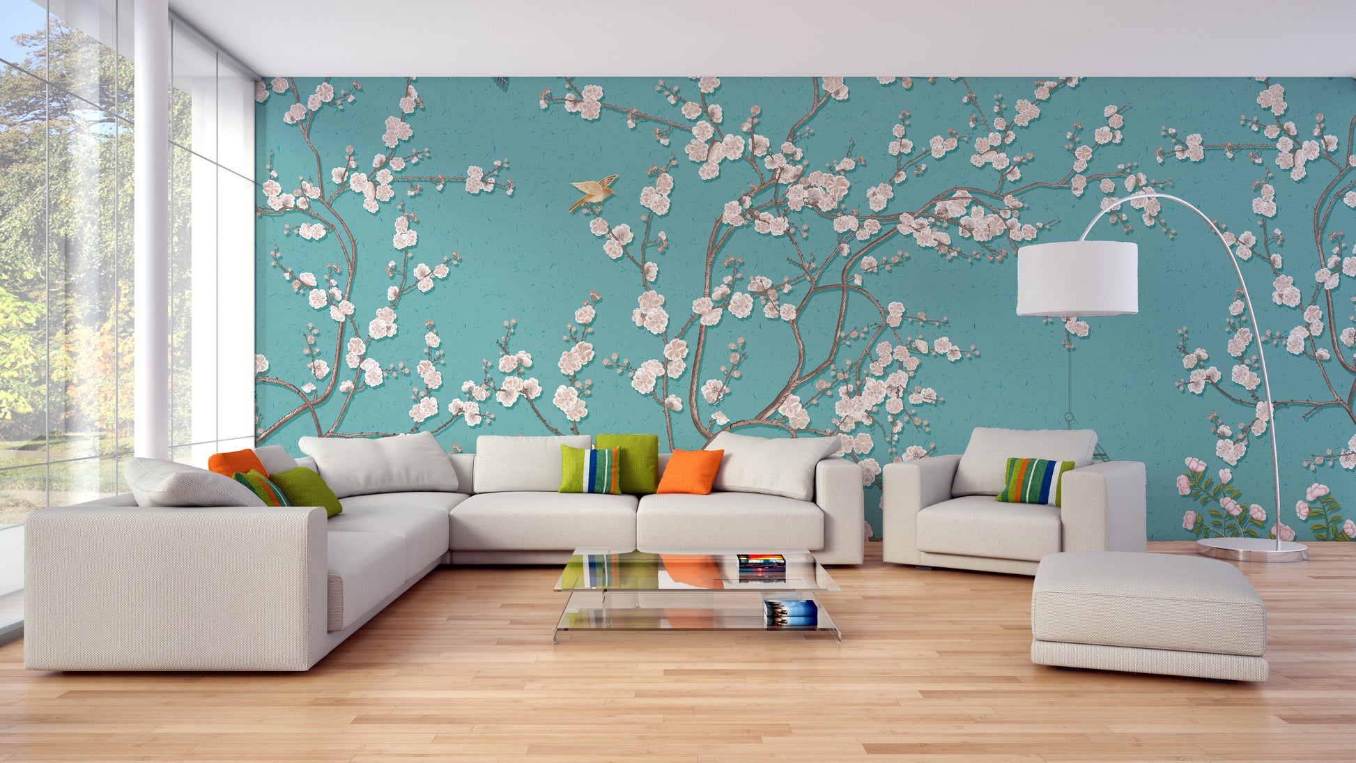 Floral Pink and Blue Wallpaper Mural for Bedrooms