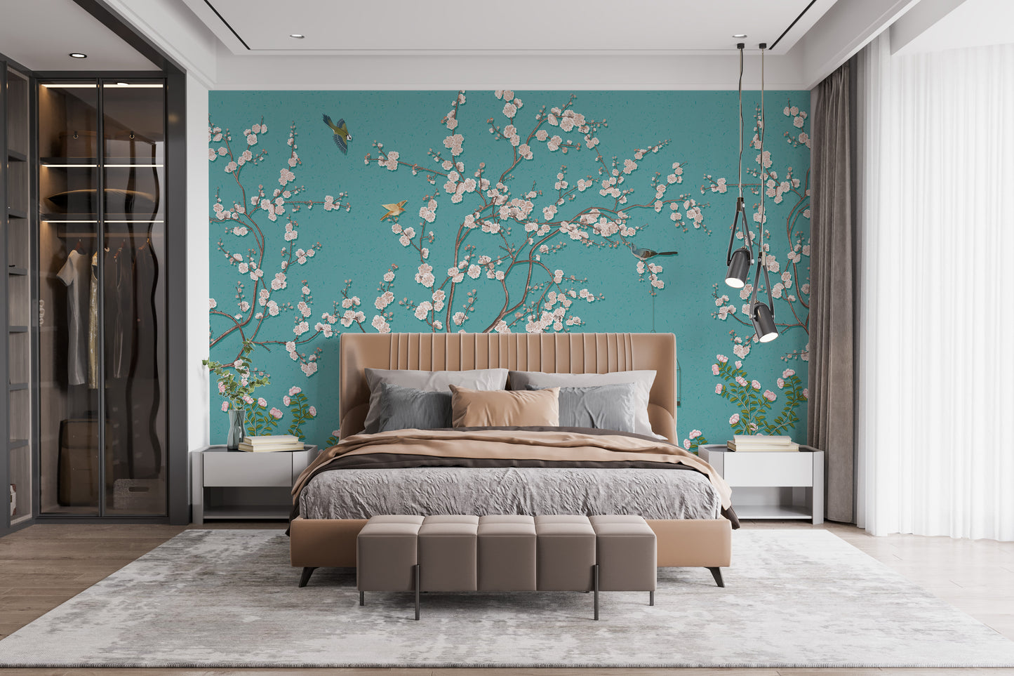 Pink Flower Wallpaper Mural on Blue Background for Interiors