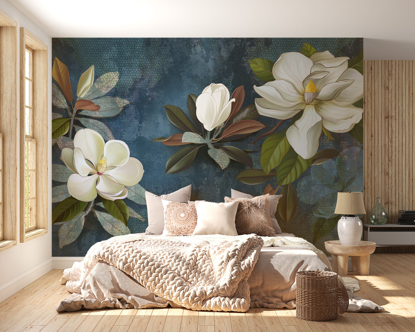 Blue textured jasmine wall mural for interiors