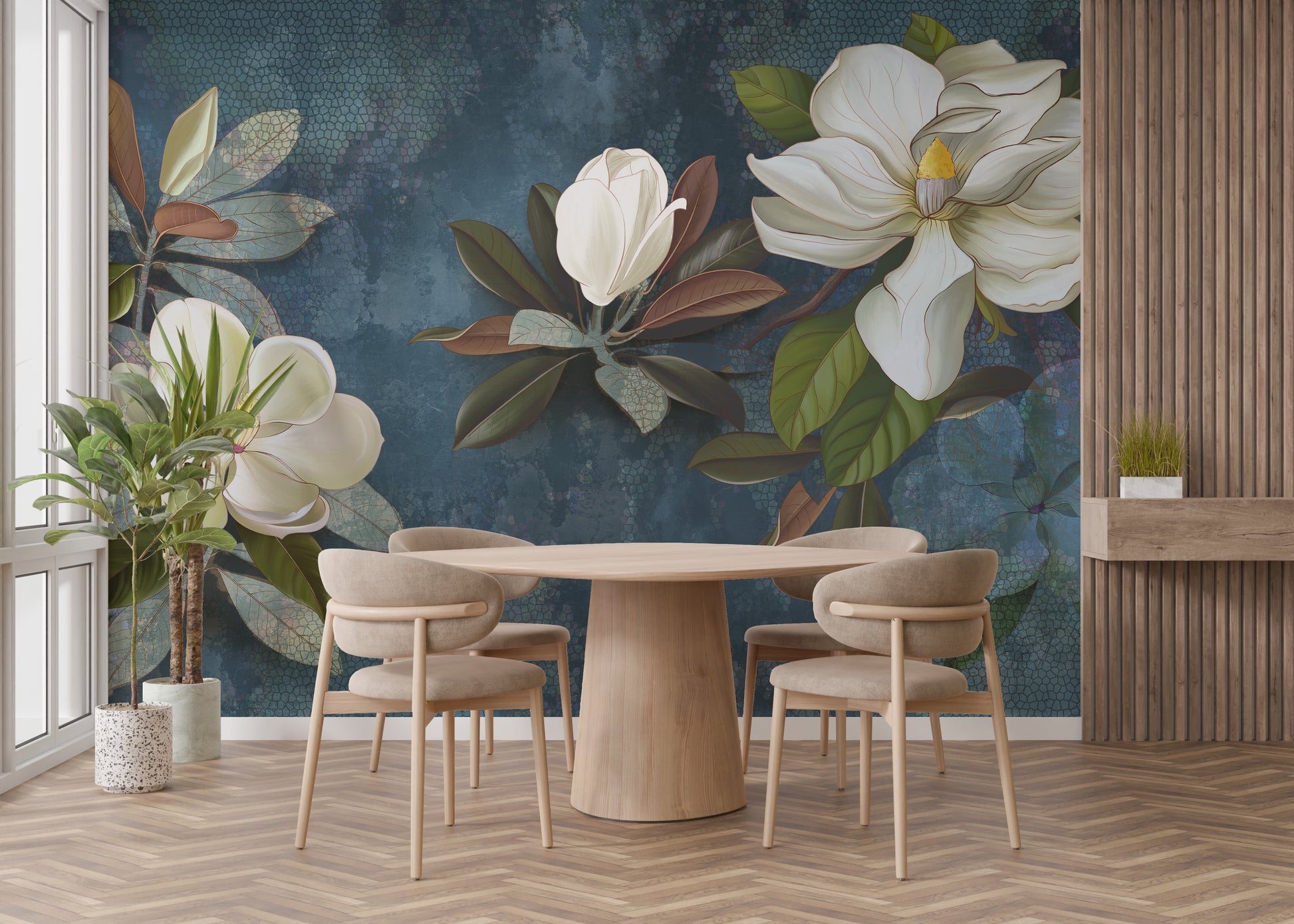 Jasmine flower wallpaper mural with blue tones