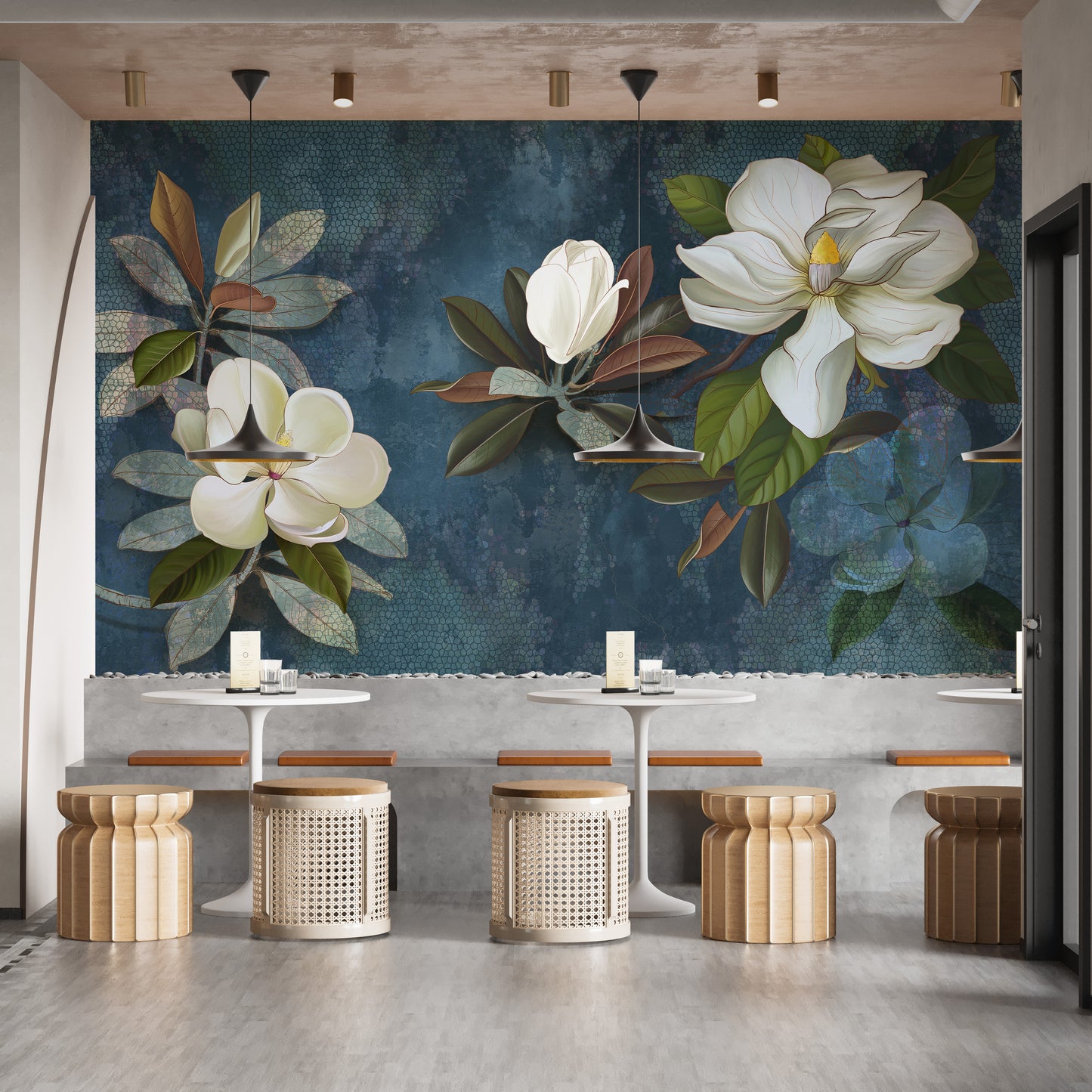 Blue textured jasmine flower wall mural design