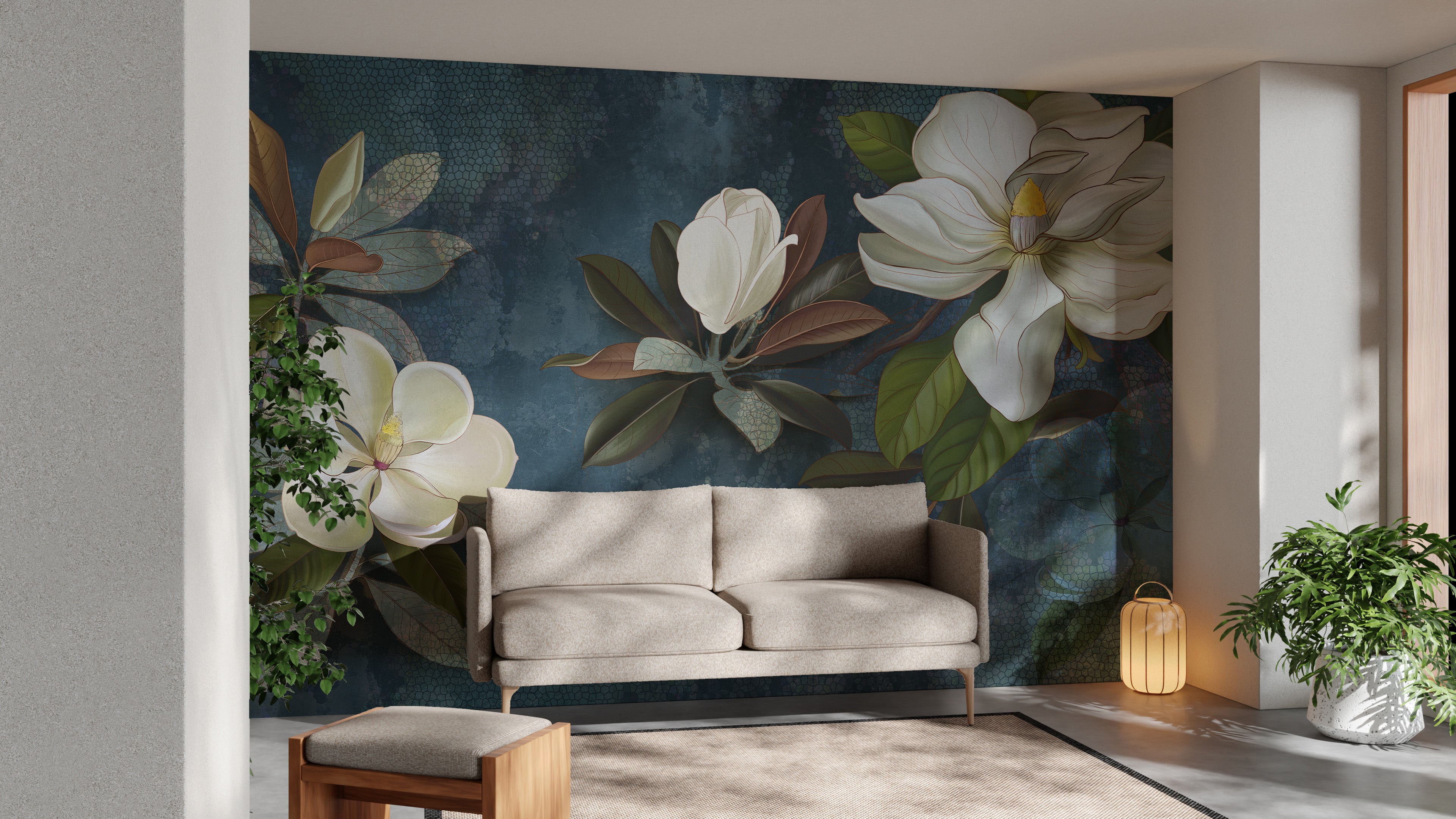 Jasmine flower blue textured wallpaper mural design