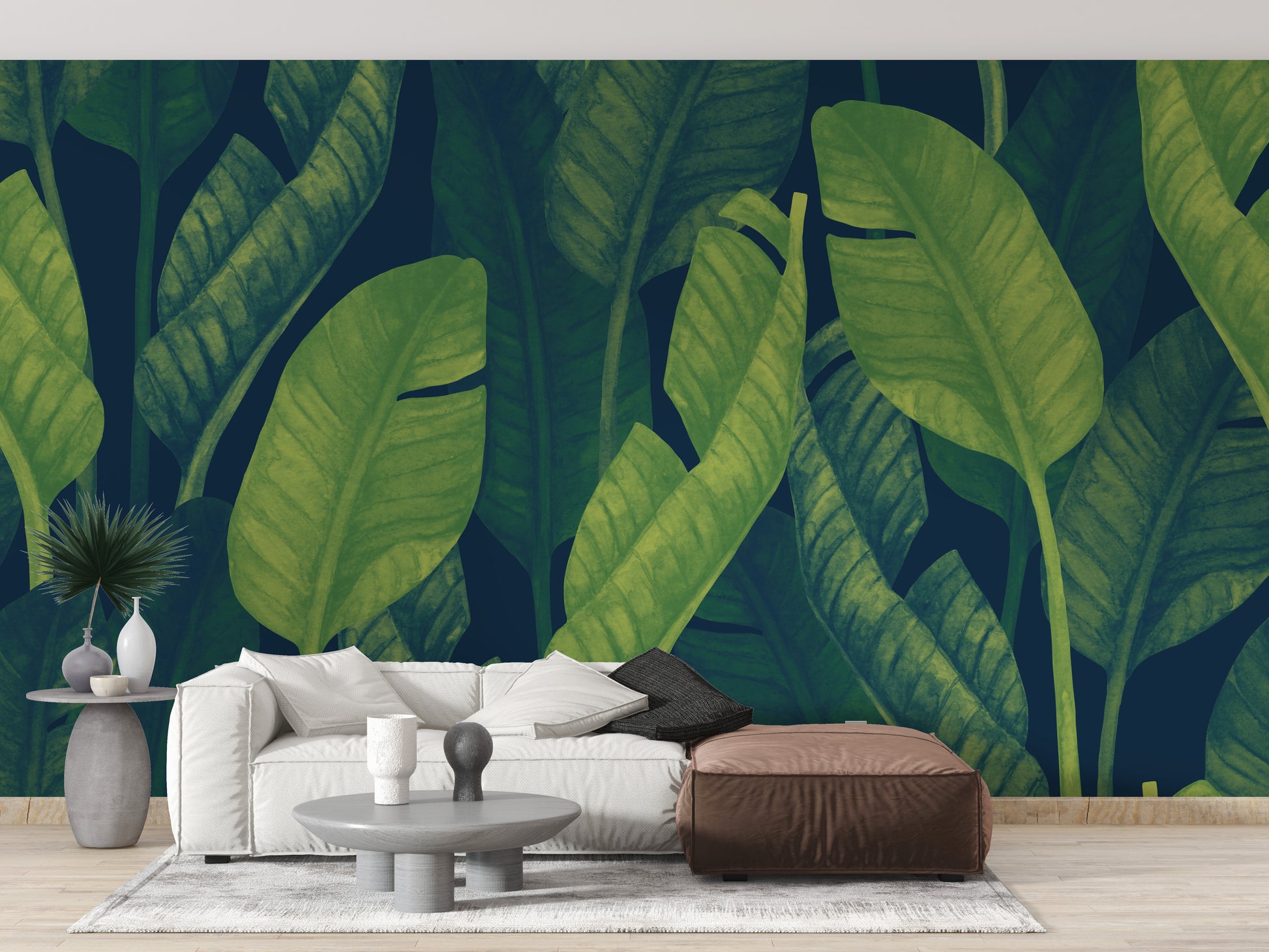 Bold tropical wallpaper with fresh green banana leaves