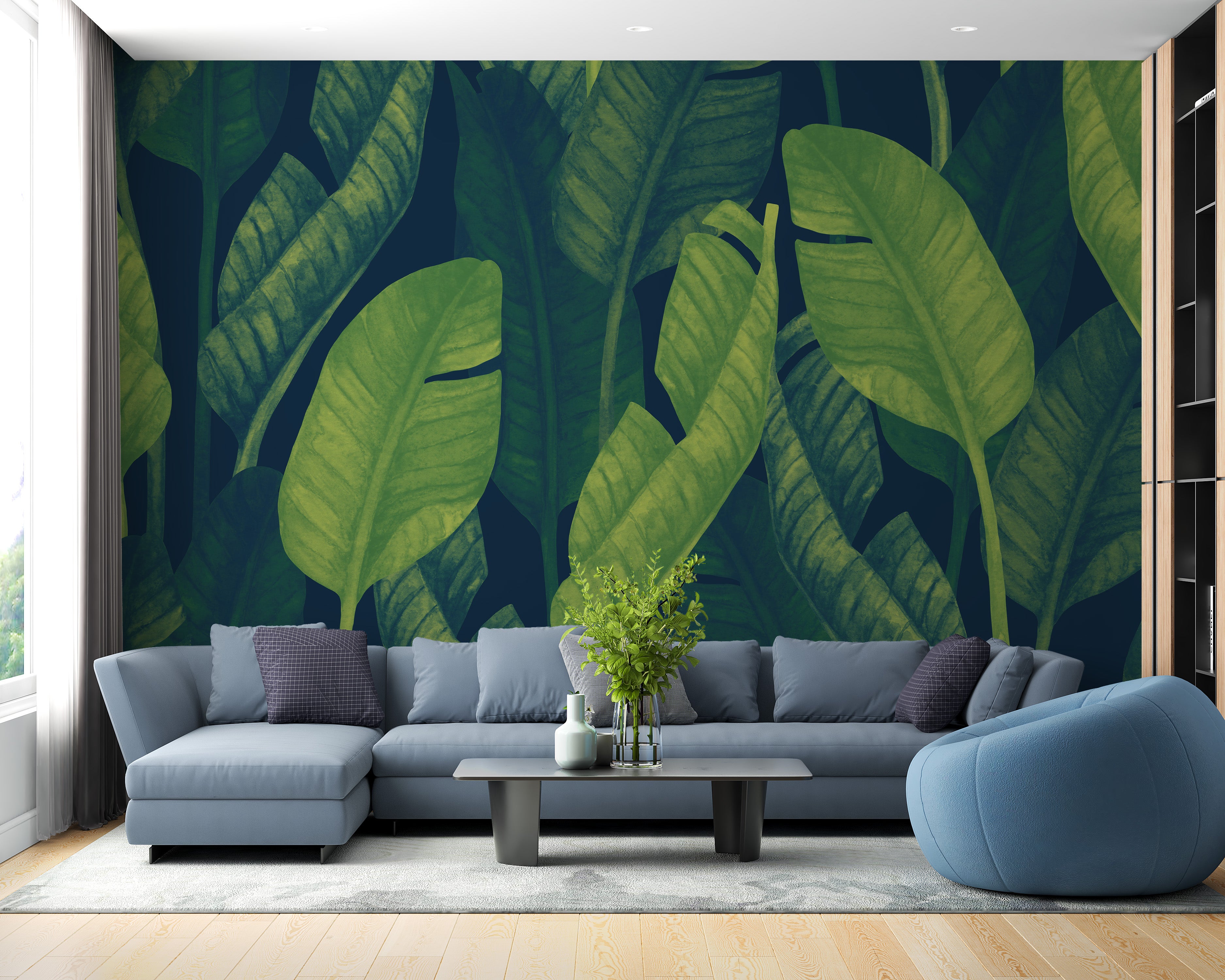 Vibrant green large banana leaves wallpaper for interiors