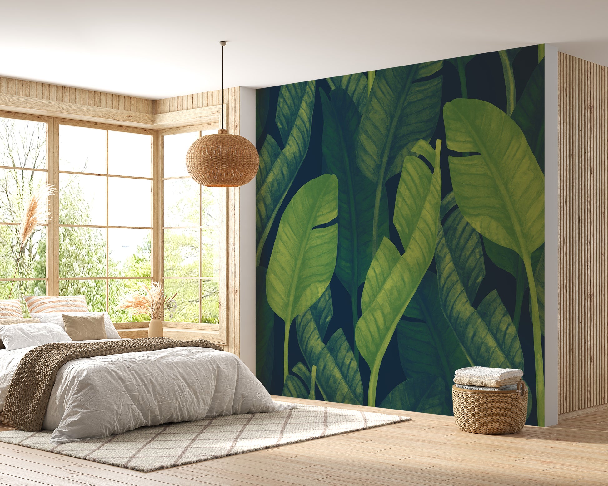 Tropical fresh green banana leaves wall decor design