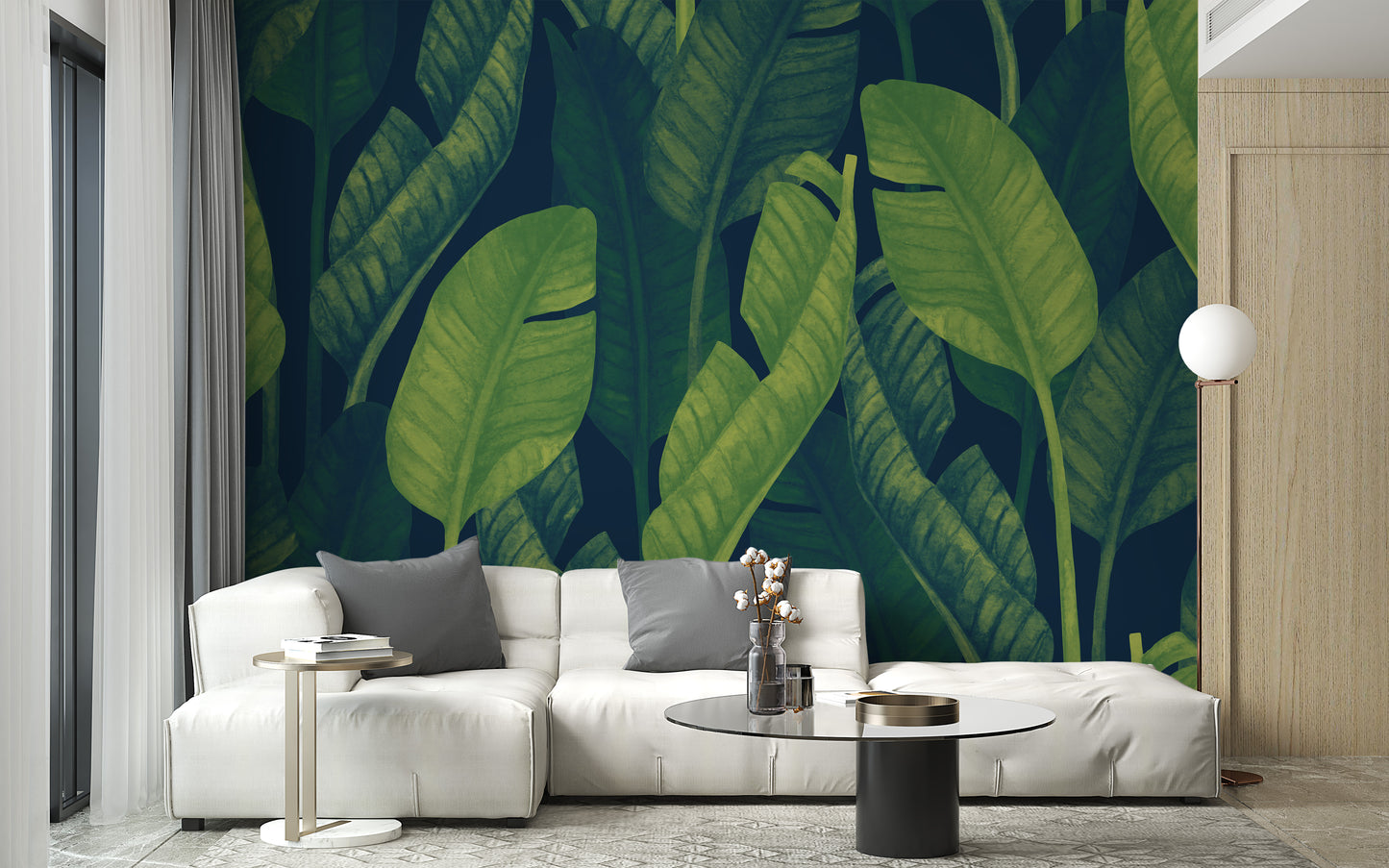 Large banana leaves wallpaper with vibrant green tones