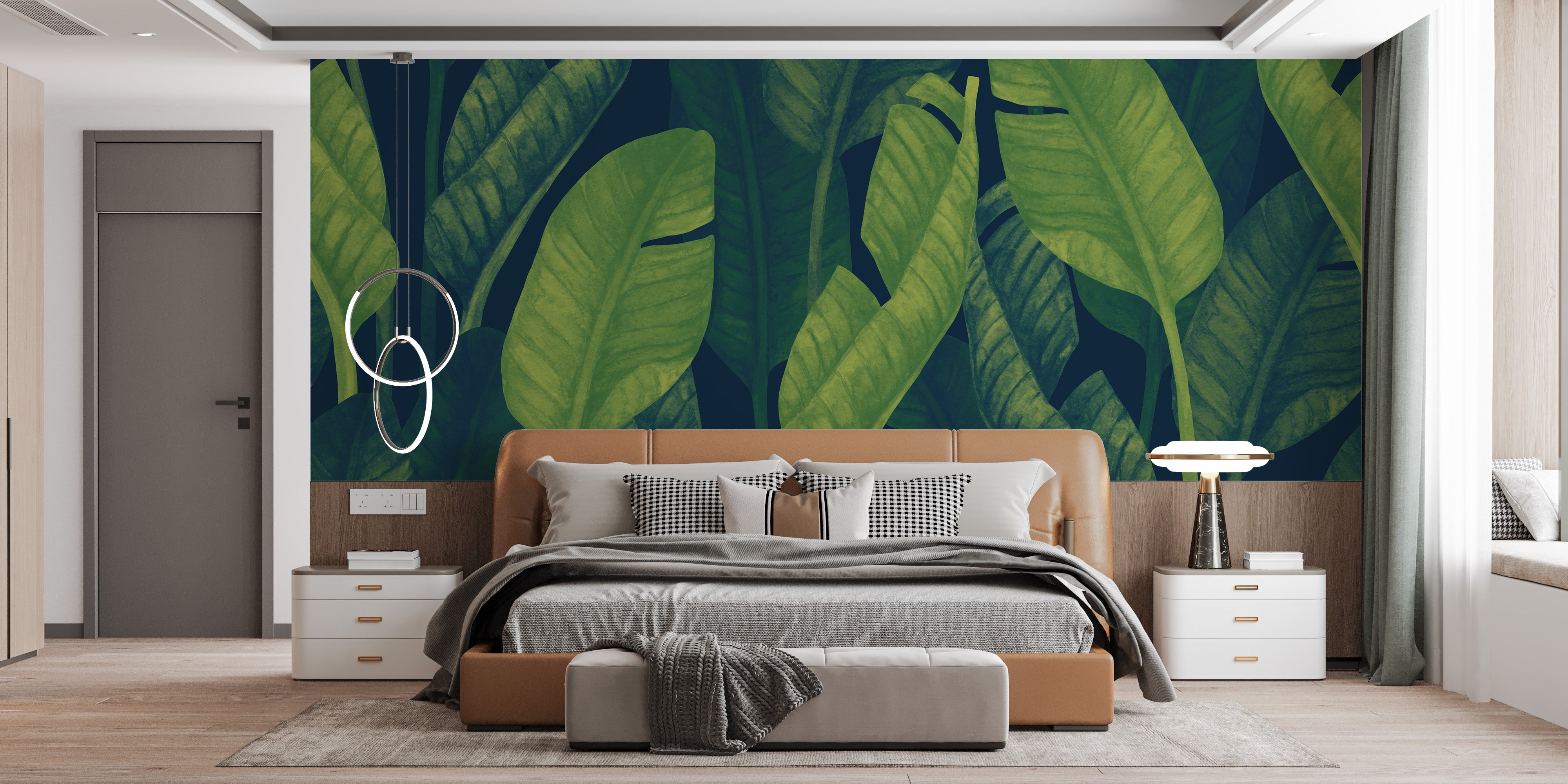 Tropical-inspired wallpaper featuring green banana leaves