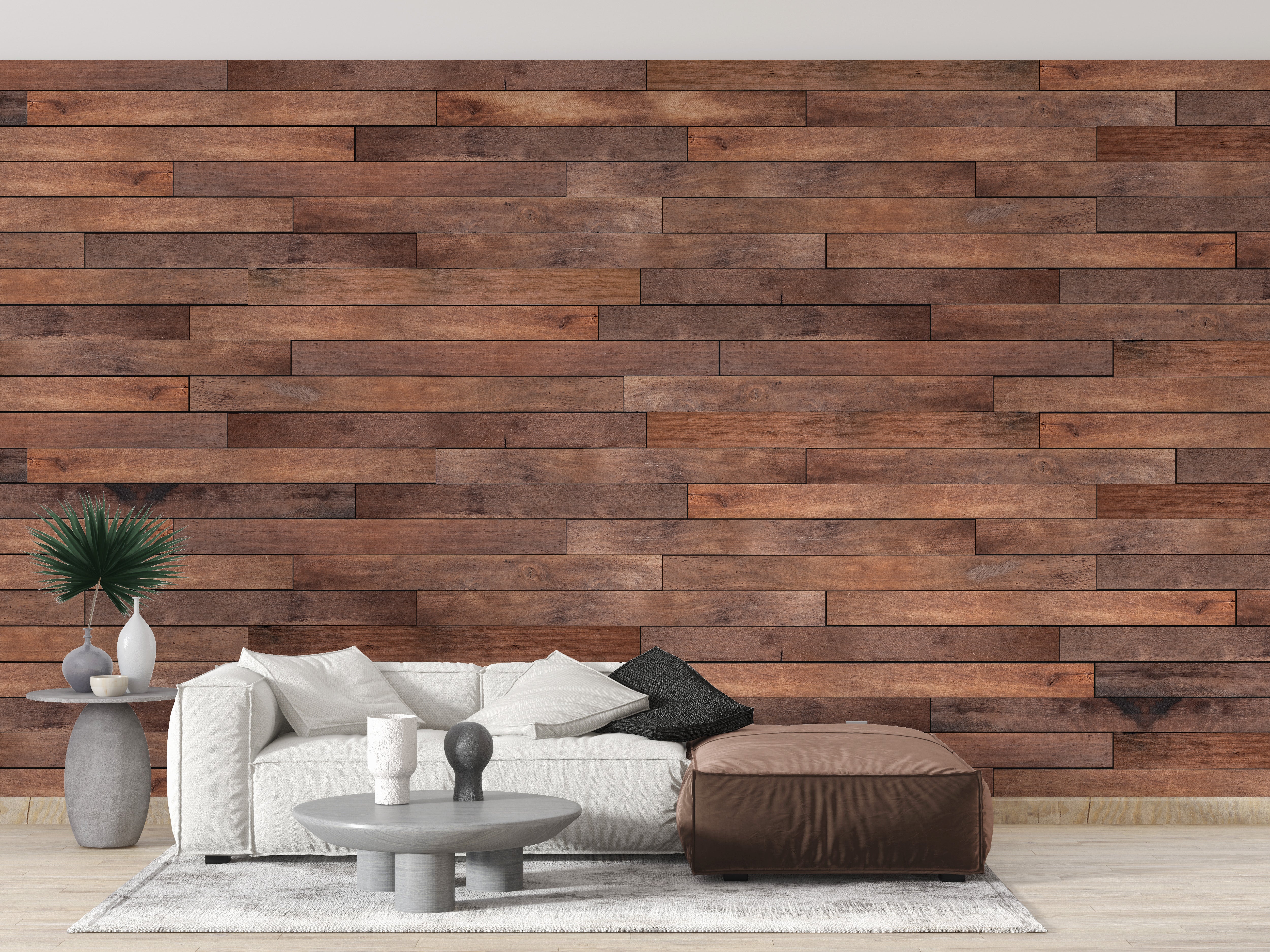 Wooden striped wallpaper mural with brown natural finish