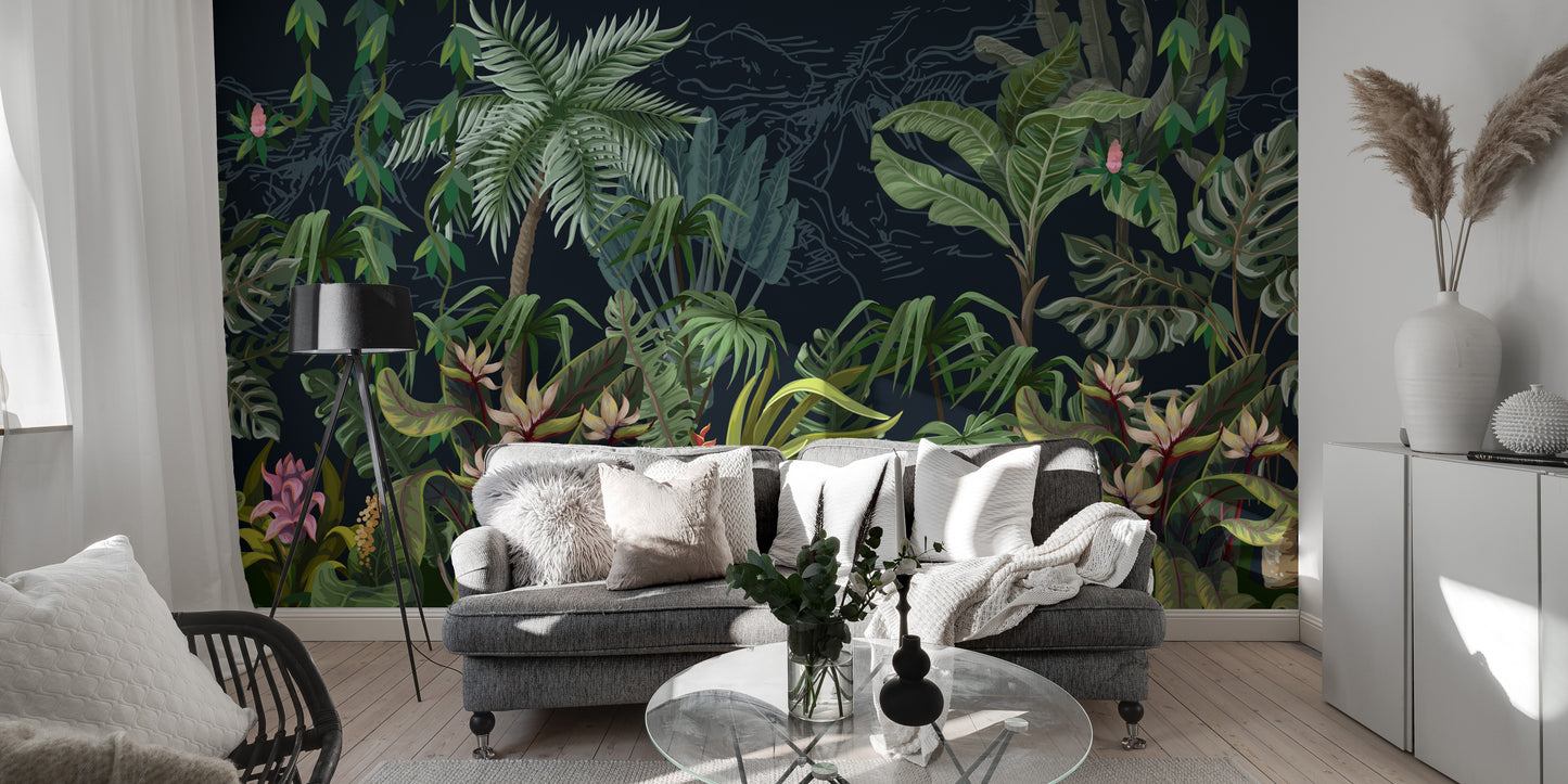 Scenic tropical plants mural with natural greenery vibes