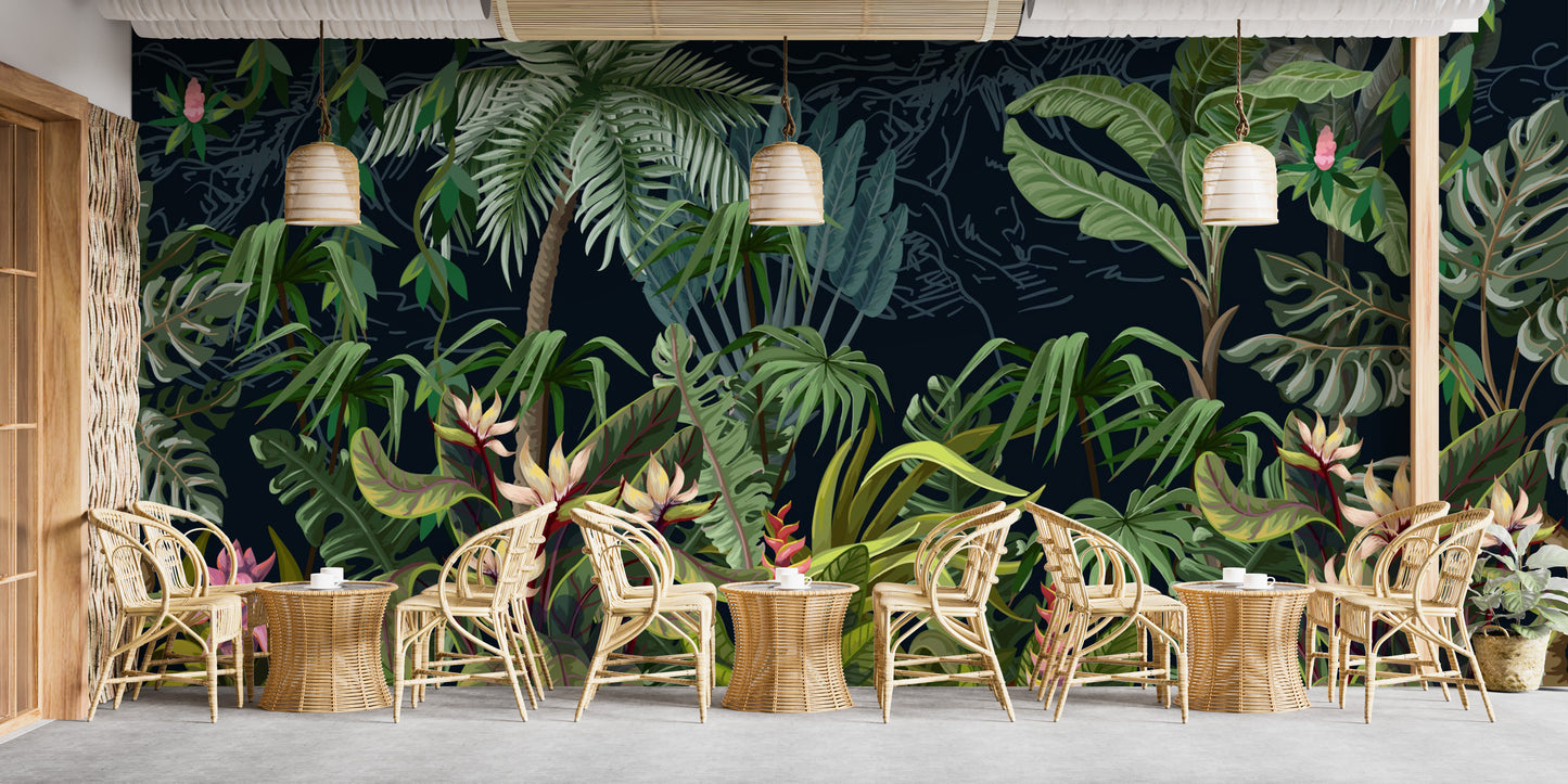 Tropical wallpaper mural featuring lush plant scenery