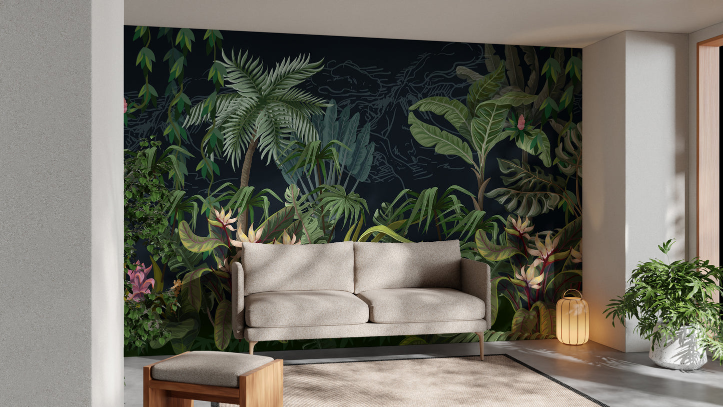 Lush tropical plants wall mural with vibrant green tones