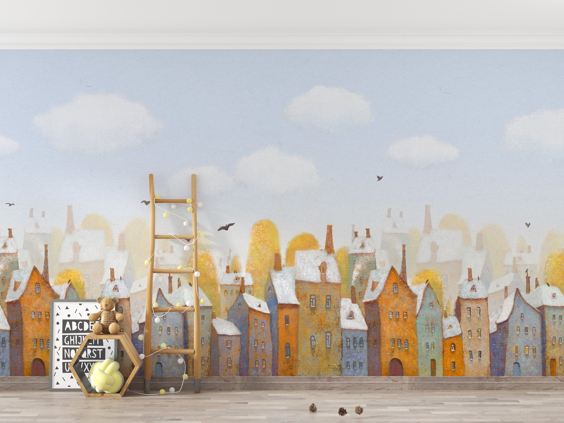 Watercolor wall mural of charming city town houses design