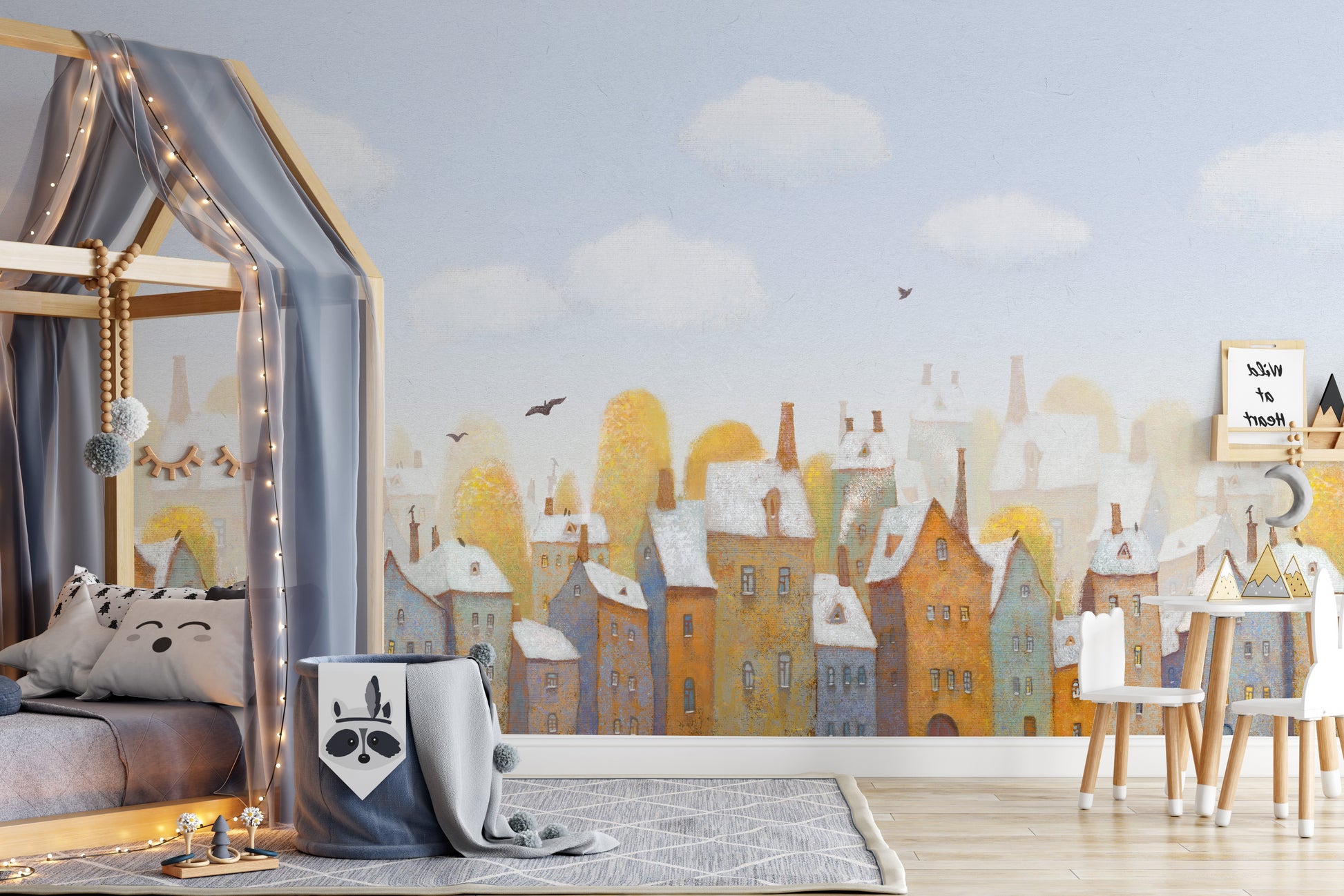 Urban town houses wallpaper mural in watercolor style