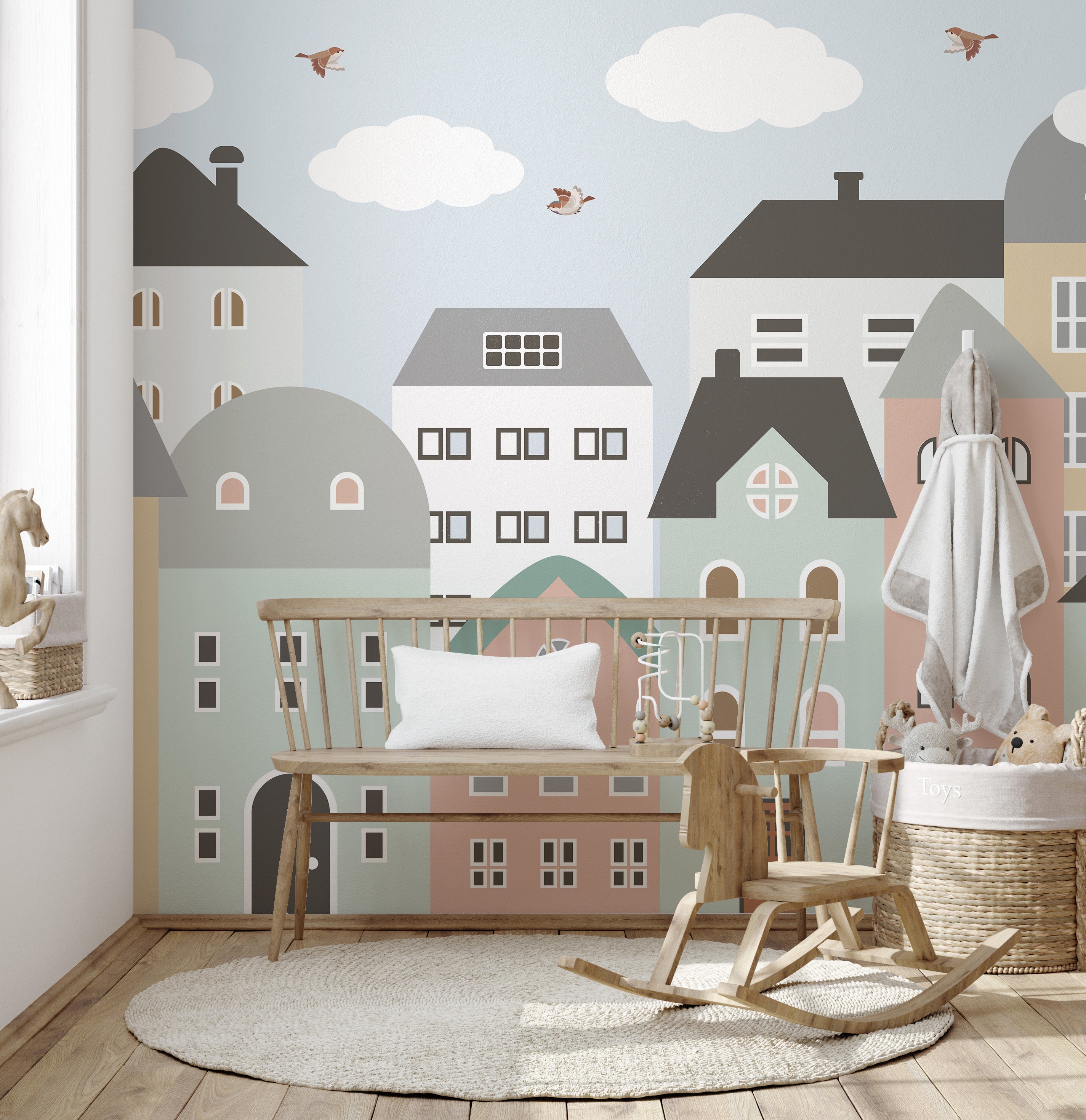 Colorful houses wallpaper for a playful kids room decor