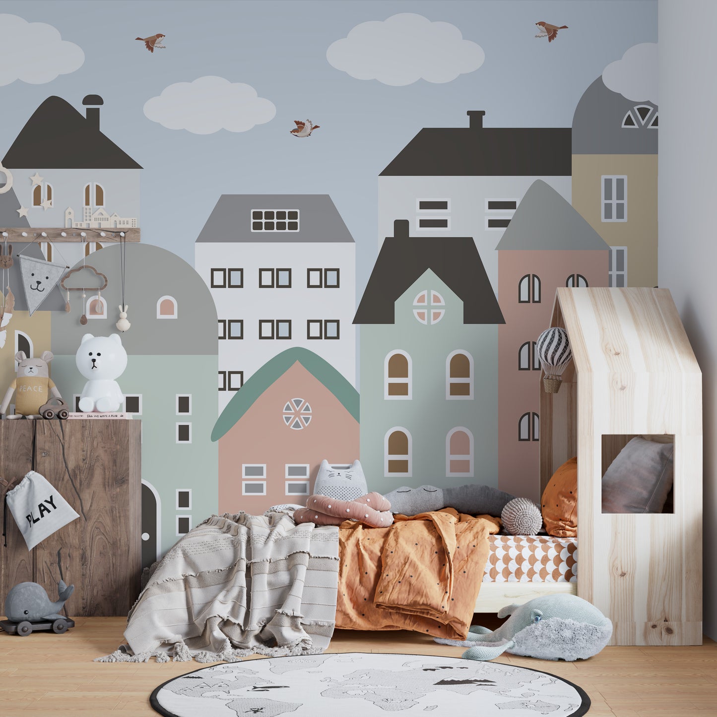 Fun and vibrant wallpaper with houses for kids room decor