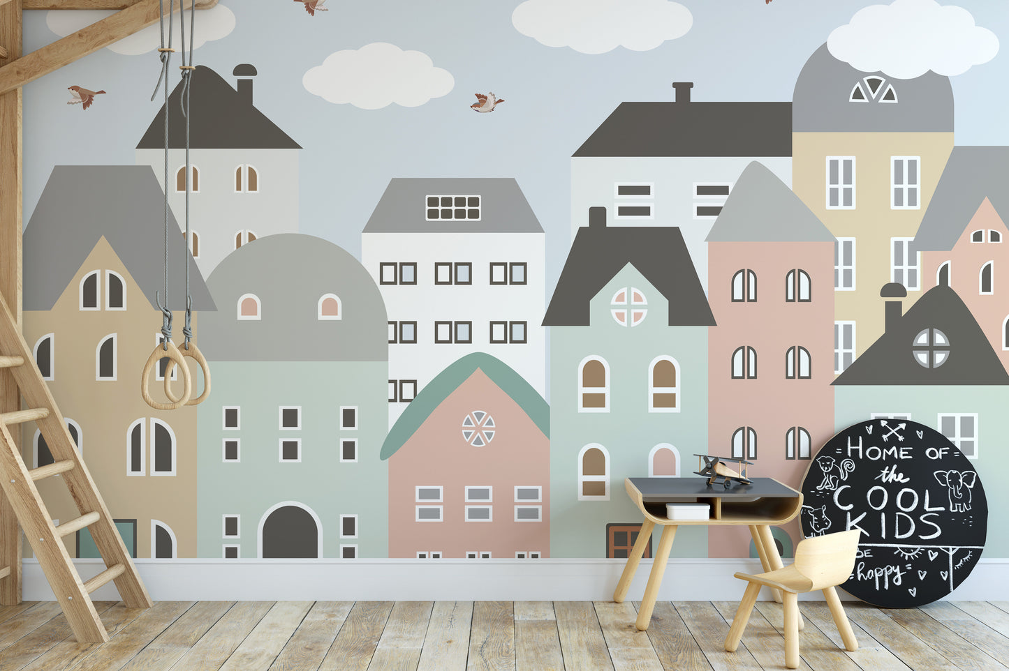 Kids room wallpaper featuring colorful house illustrations