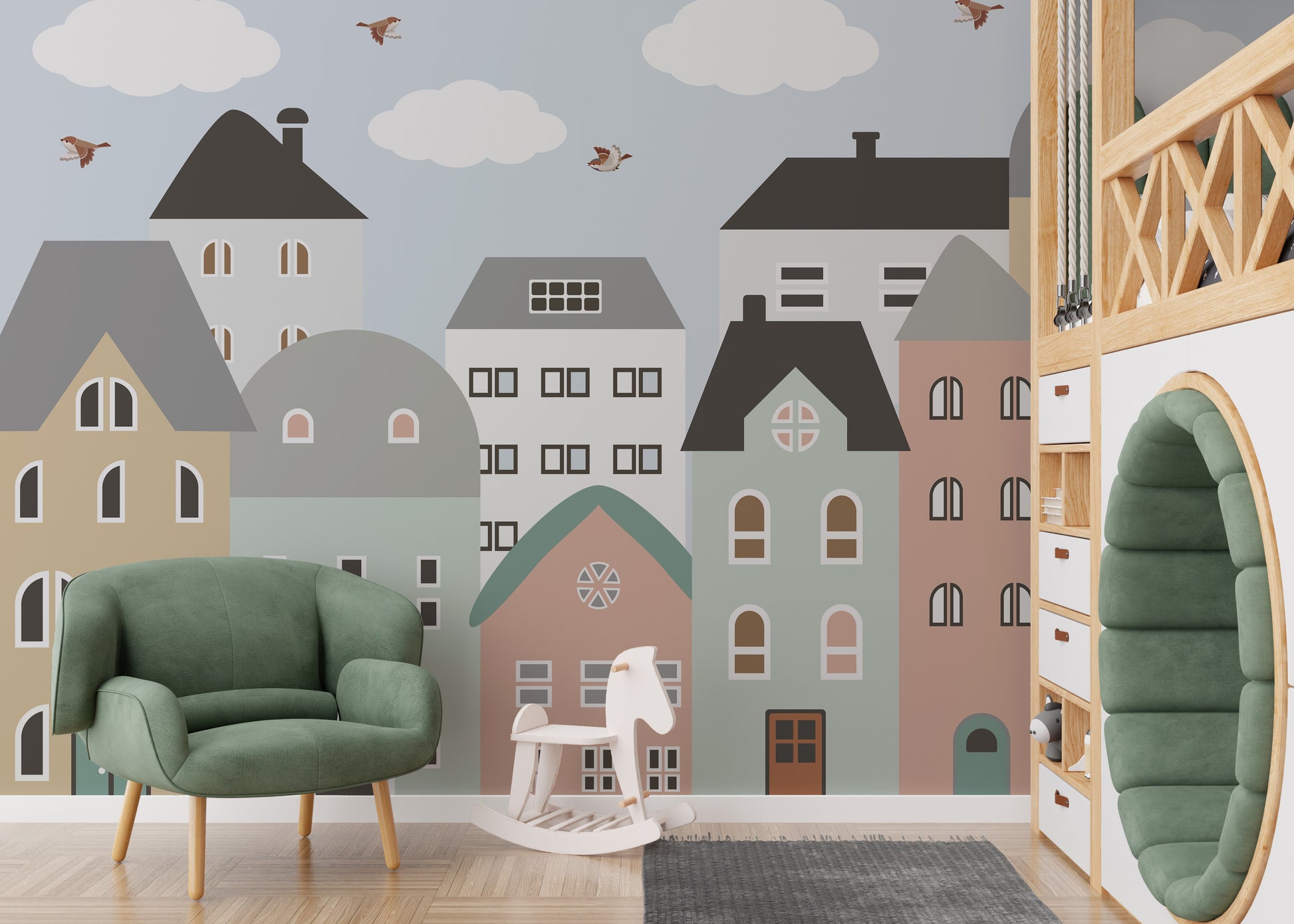 Playful colorful houses wallpaper for kids room walls