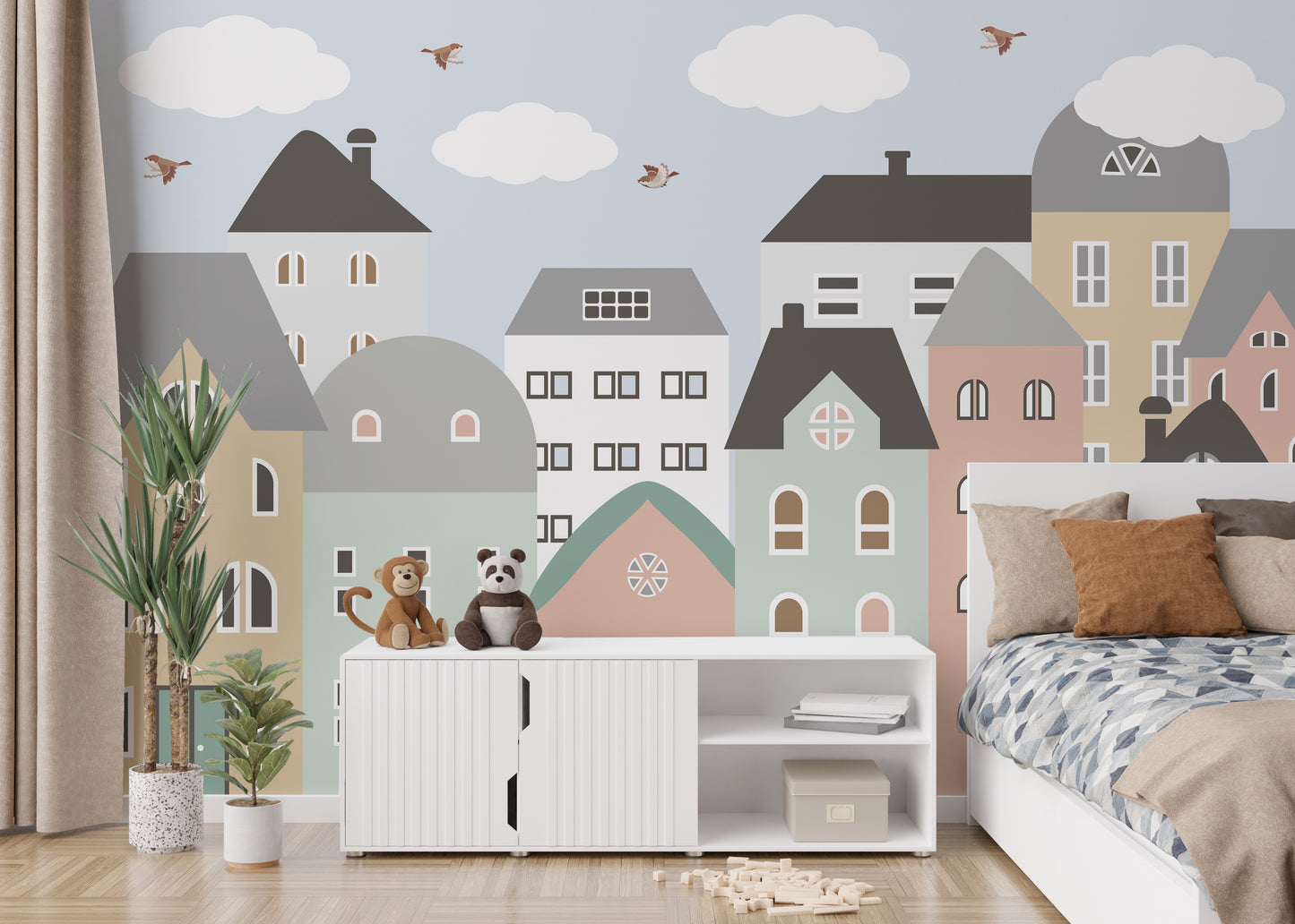 Fun wallpaper with colorful houses for a kids room design