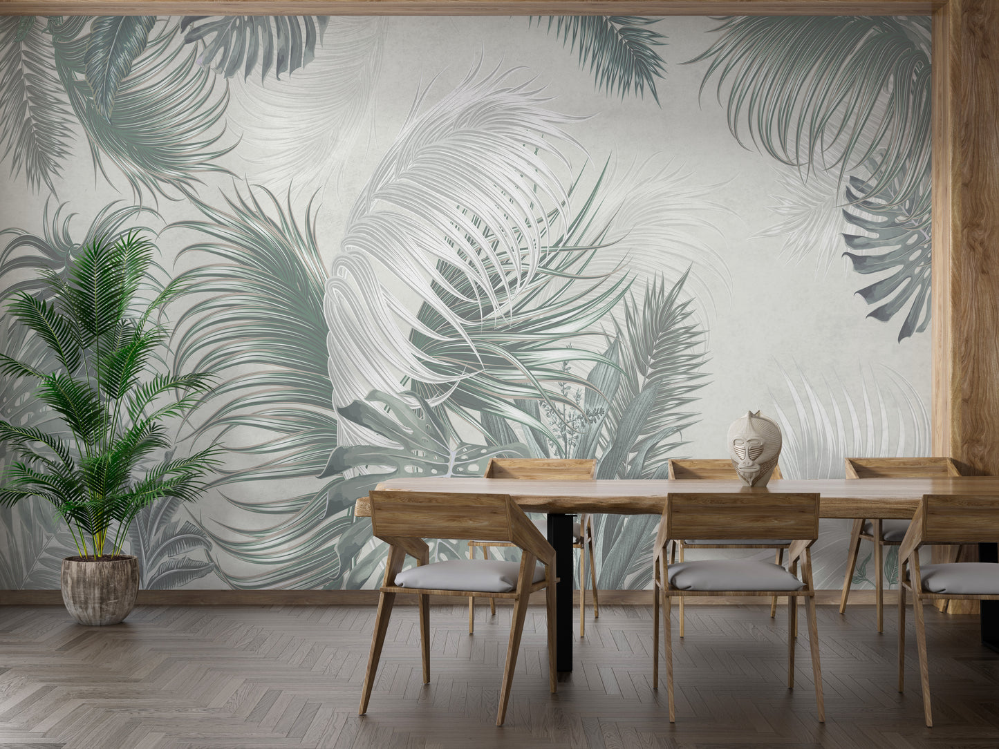 Tropical palm leaves mural with gray tones for interiors