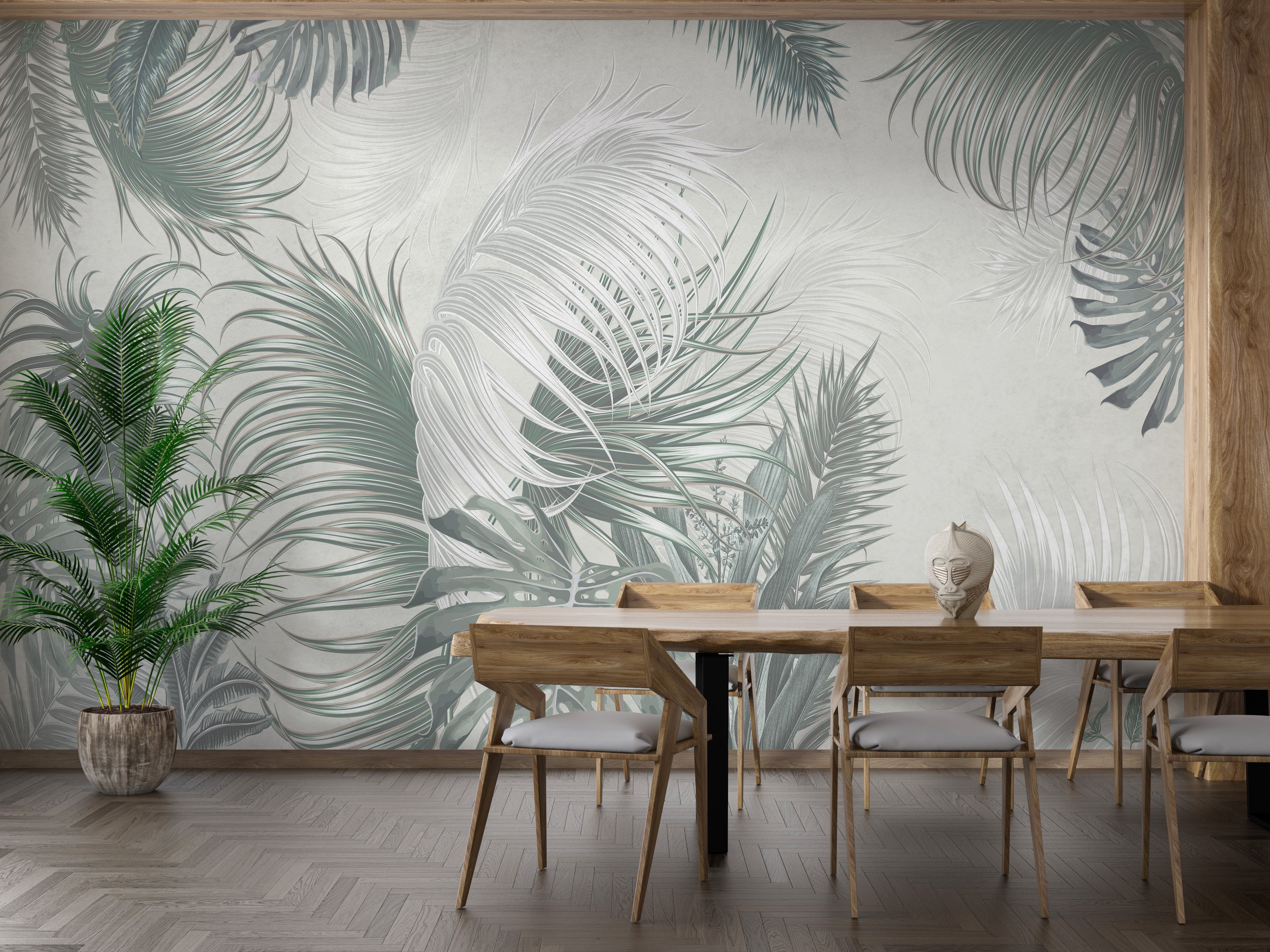 Tropical palm leaves mural with gray tones for interiors