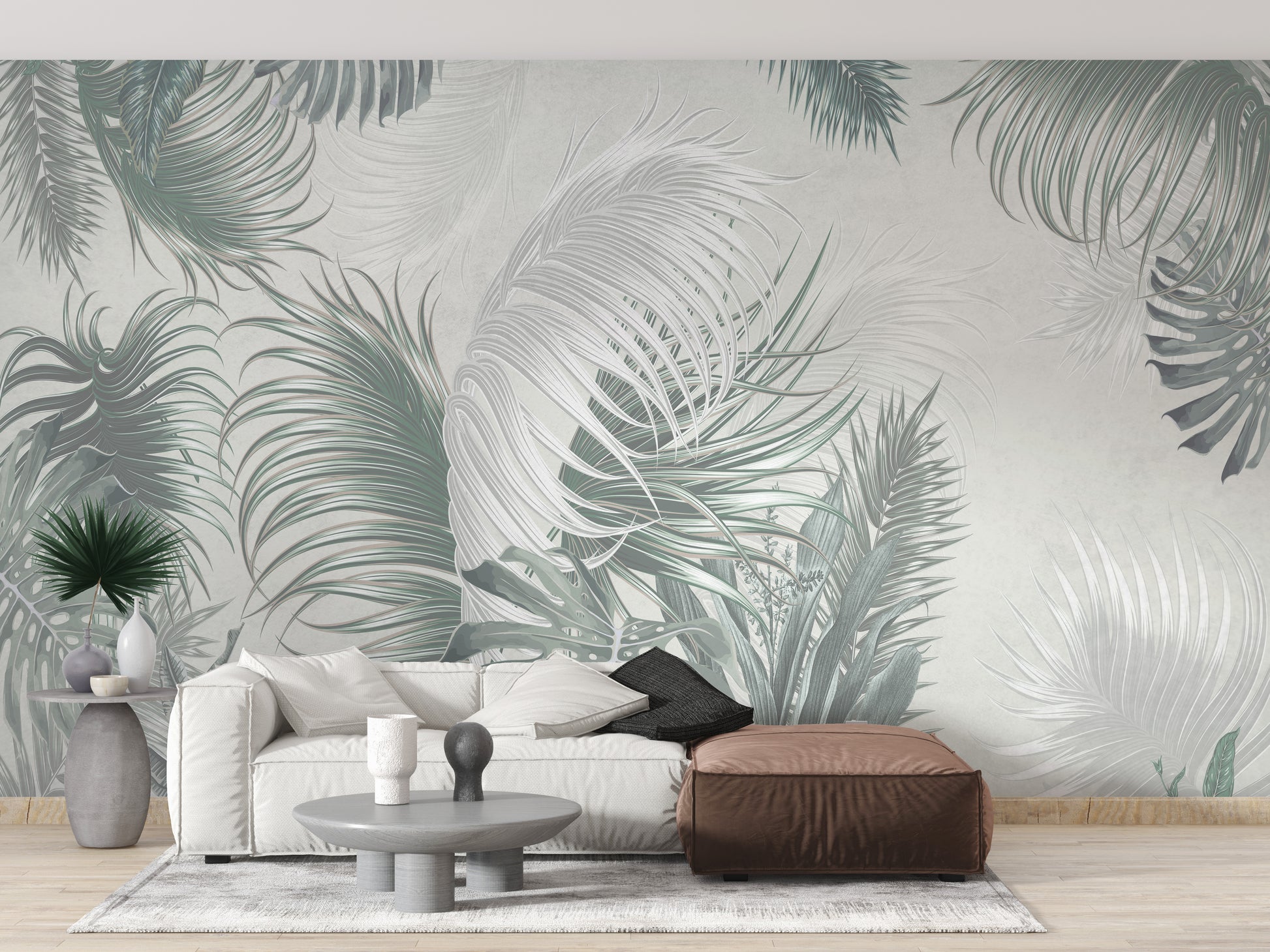 Gray Large Tropical Palm Leaves Wallpaper Mural