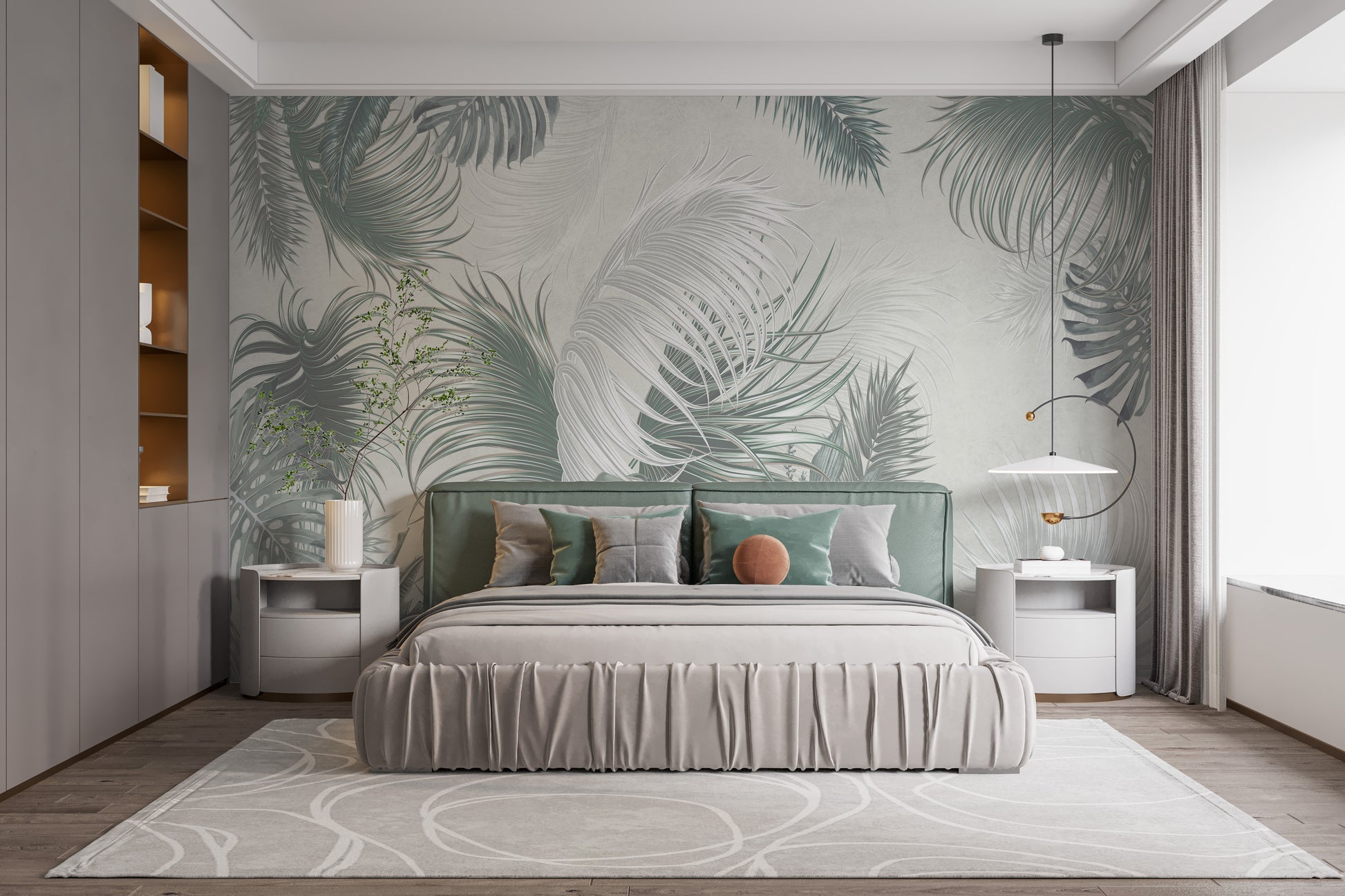 Tropical-inspired gray palm leaves mural for stylish walls