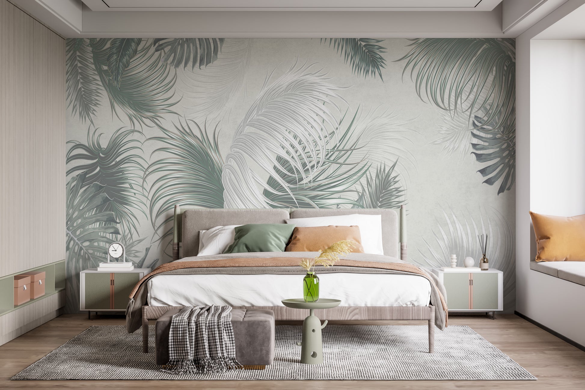 Large tropical palm leaves wallpaper mural in neutral gray