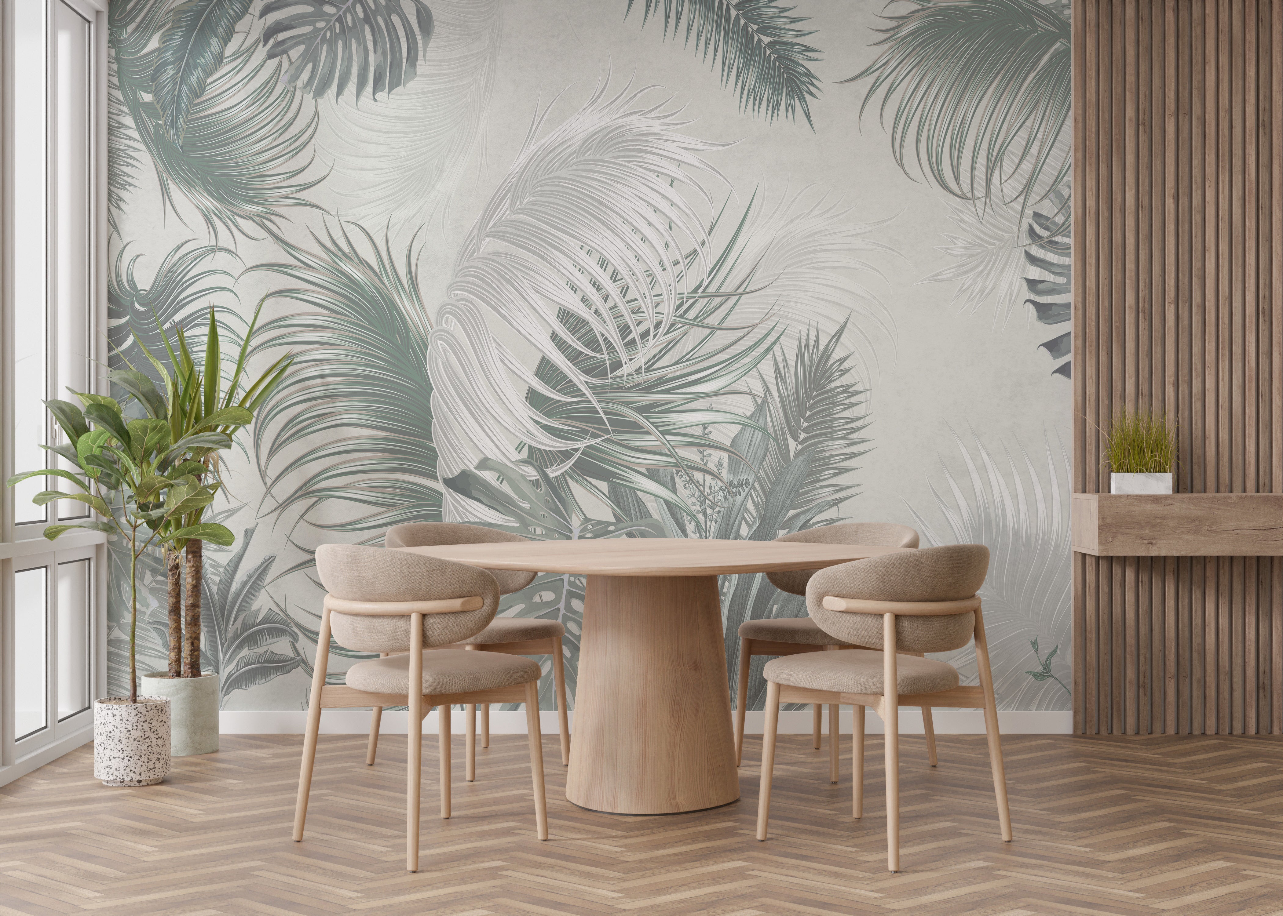 Contemporary gray tropical palm leaves wallpaper design