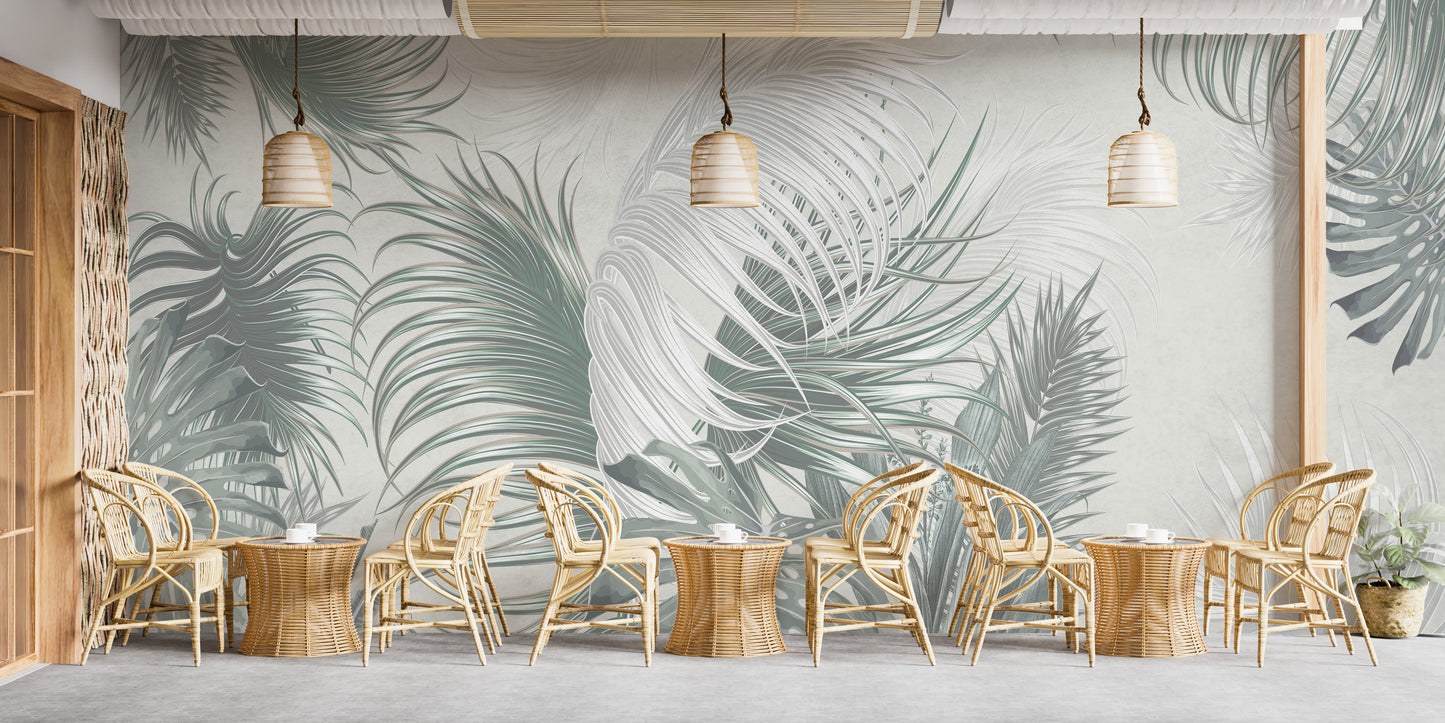 Sophisticated tropical palm leaves mural in gray shades