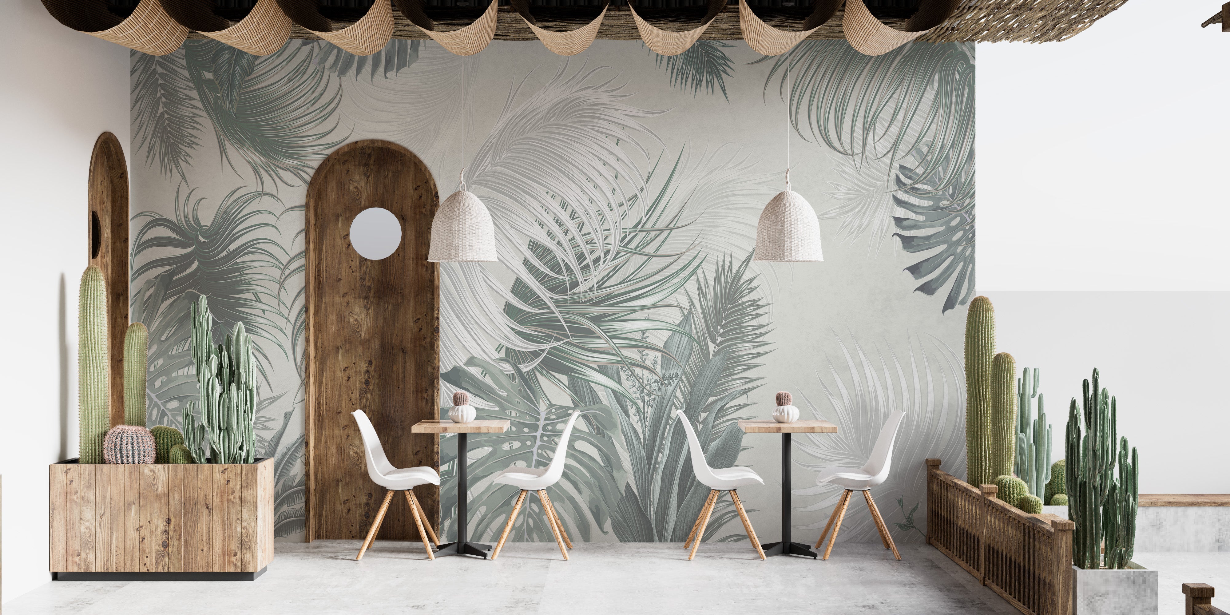 Stylish gray wallpaper mural with large tropical palm leaves