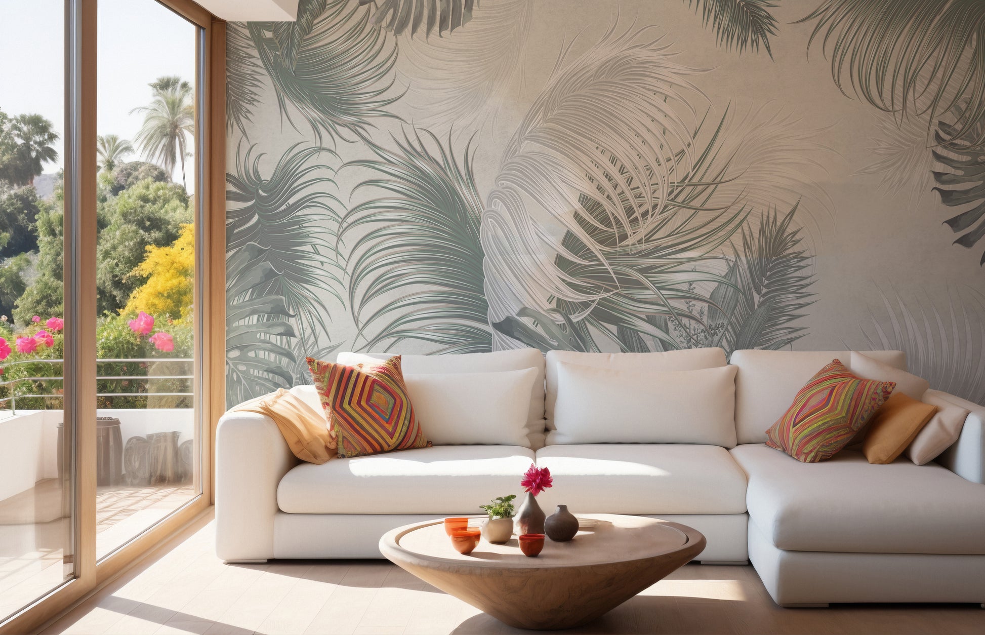 Large gray tropical palm leaves mural for modern spaces