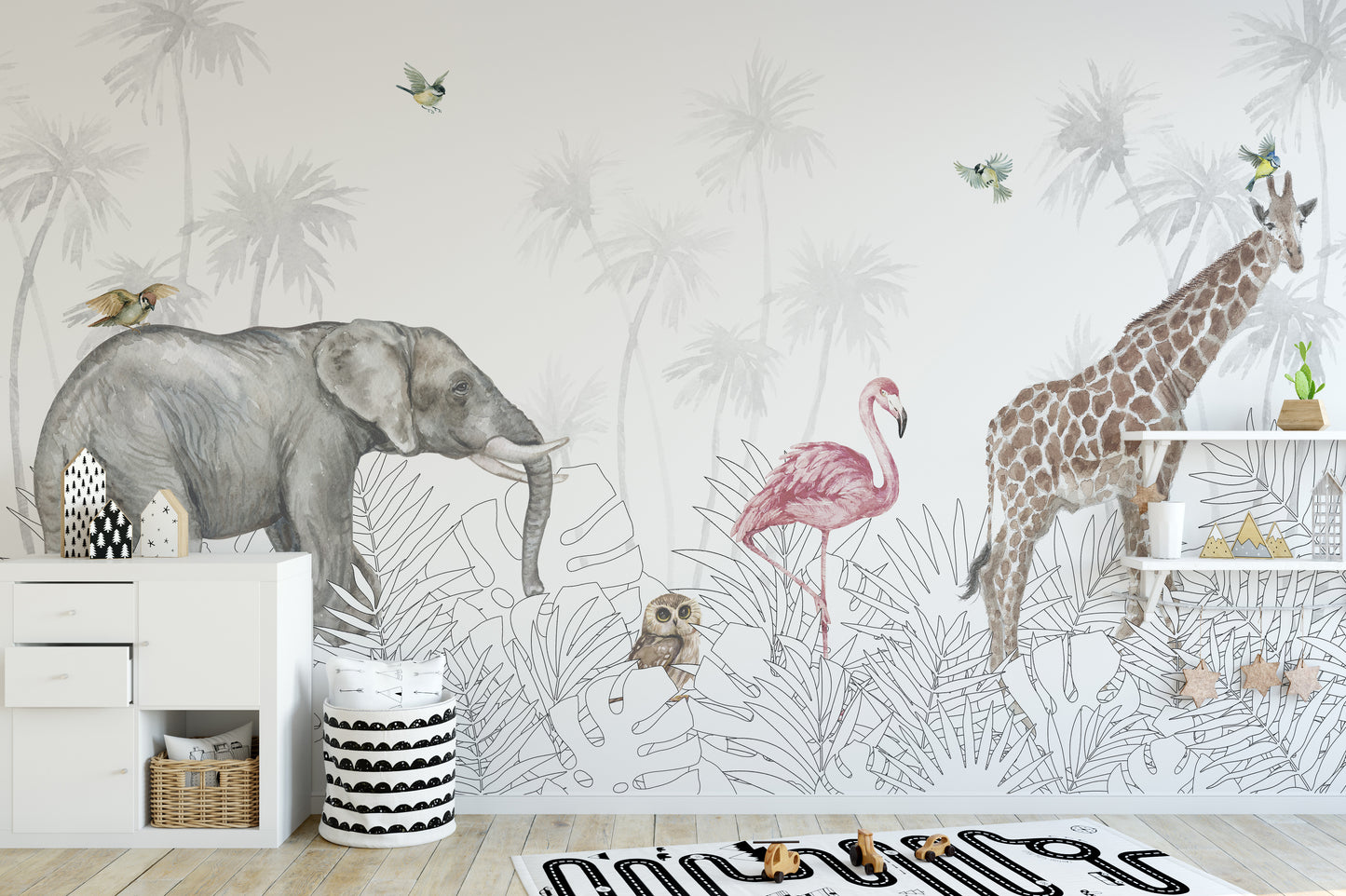 Playful safari animals wallpaper for a jungle-inspired room