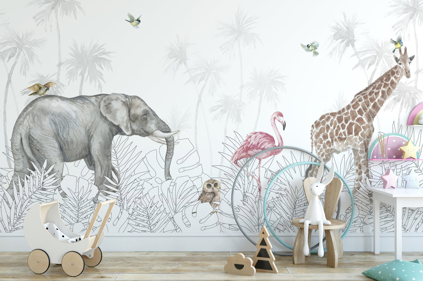 Vibrant jungle safari wallpaper for children’s bedroom walls