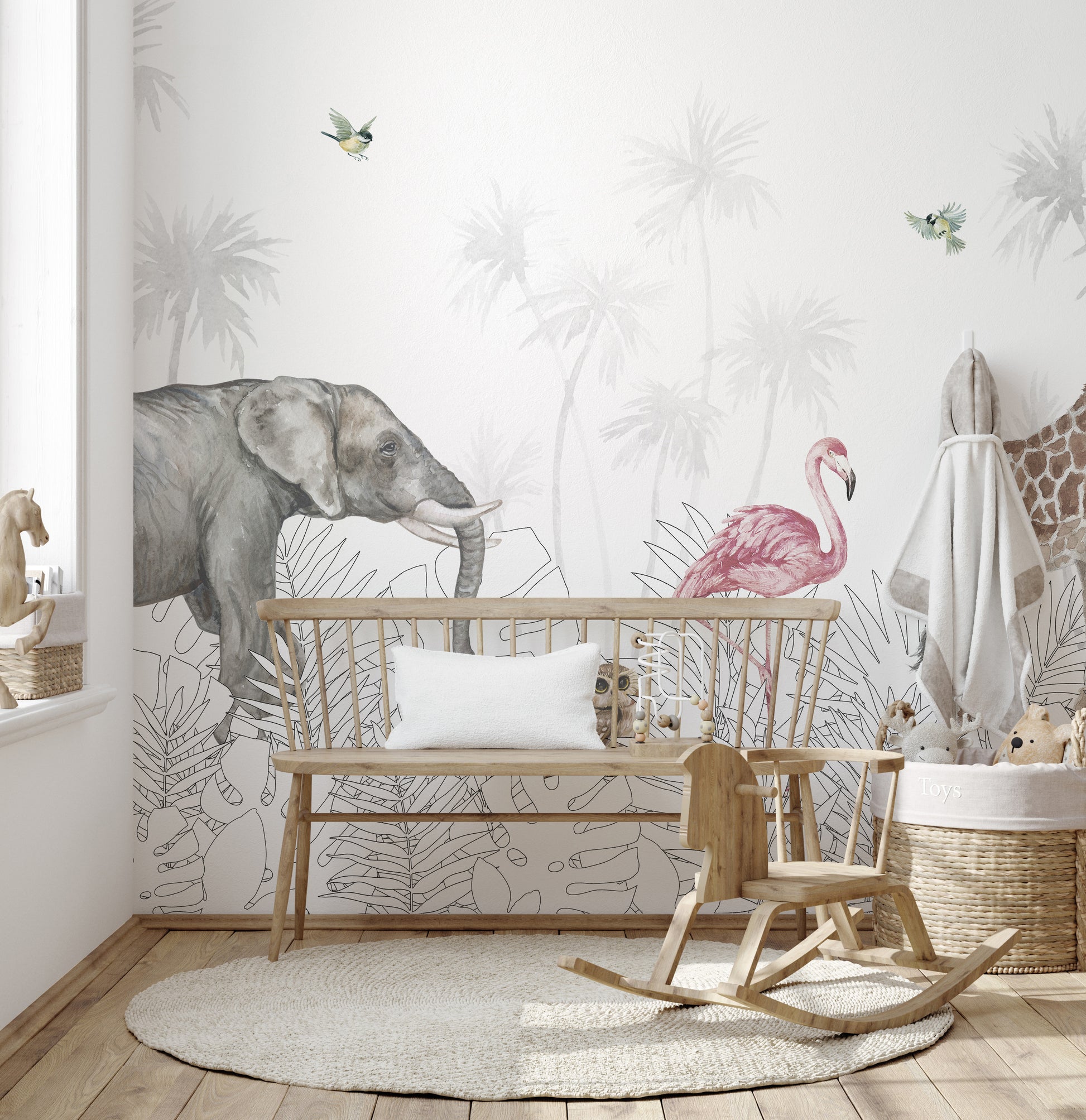 Kids room wallpaper with jungle safari animals illustrations