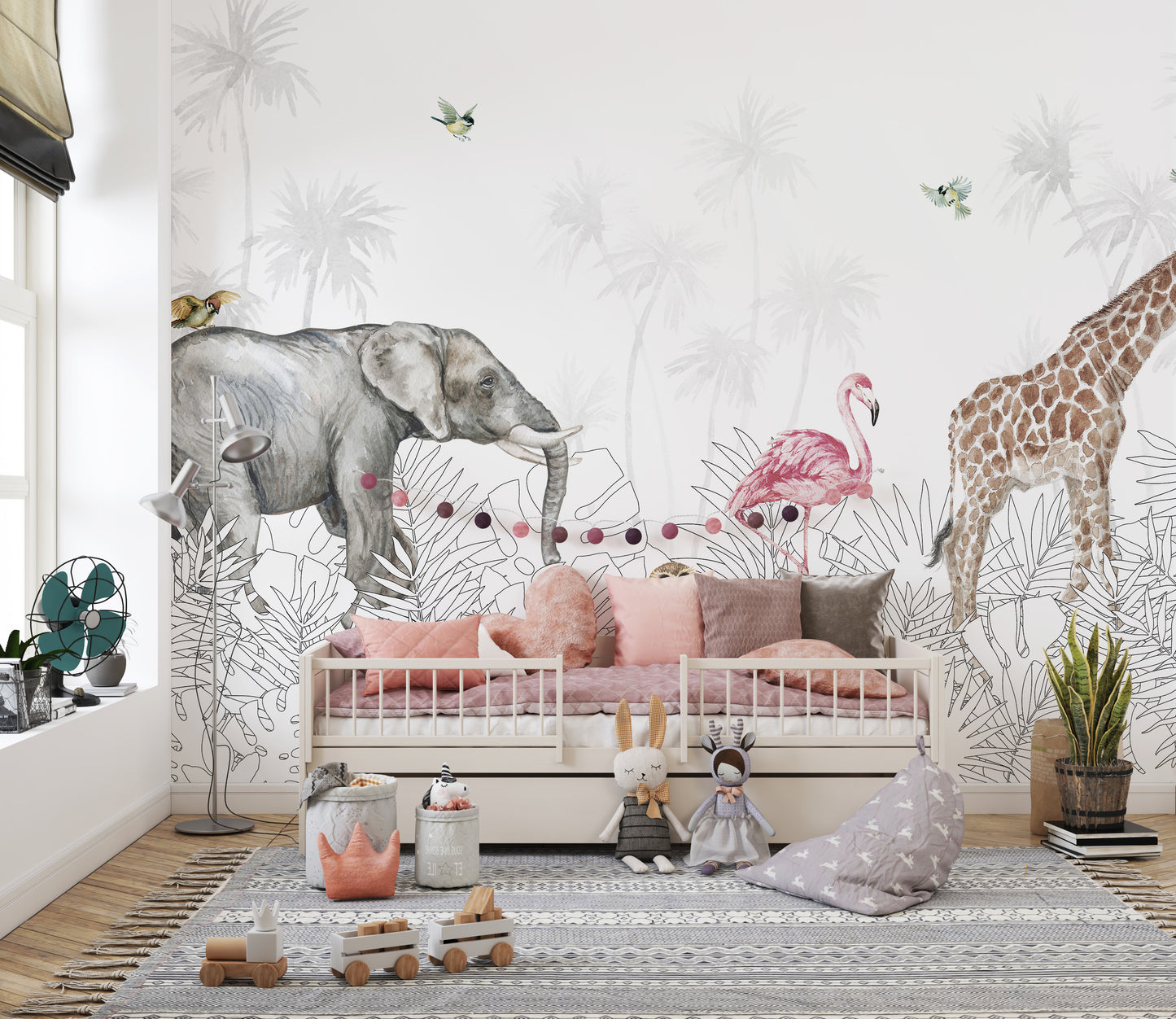 Safari-themed jungle wallpaper for kids room decoration