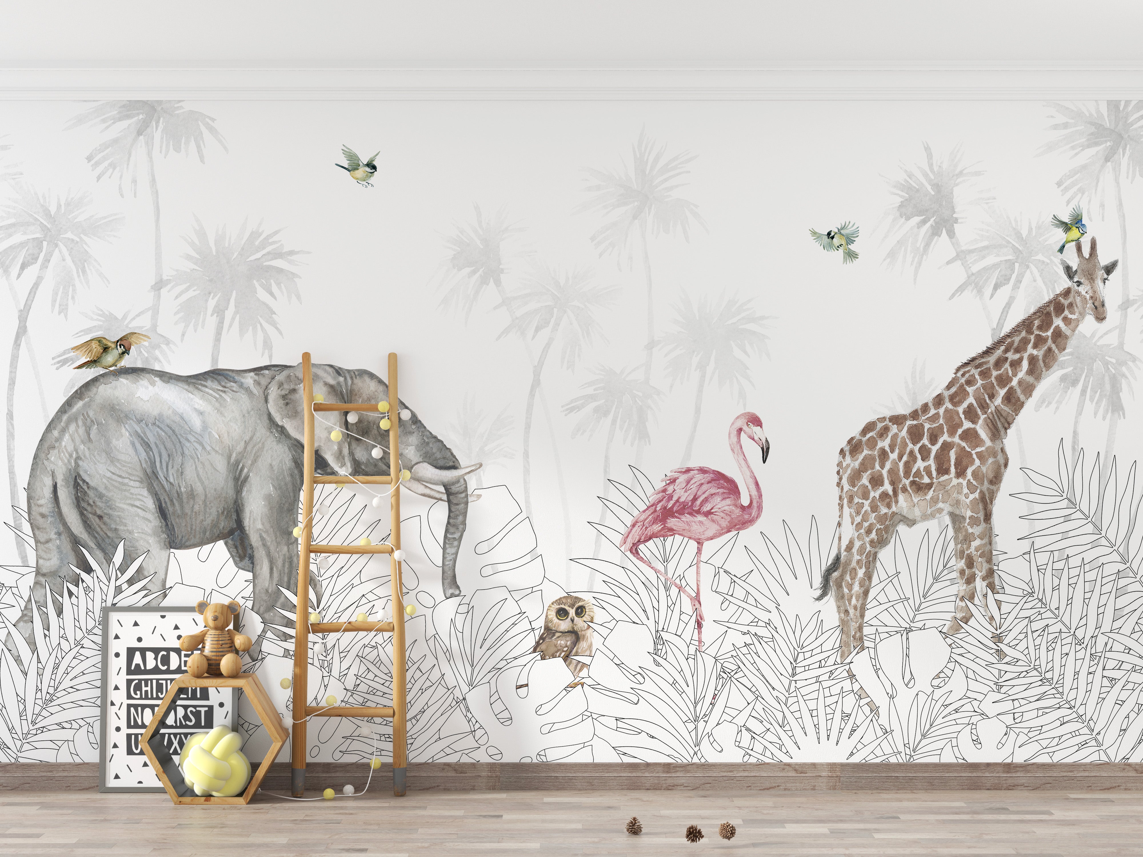 Fun jungle animals wallpaper for a vibrant kids room design