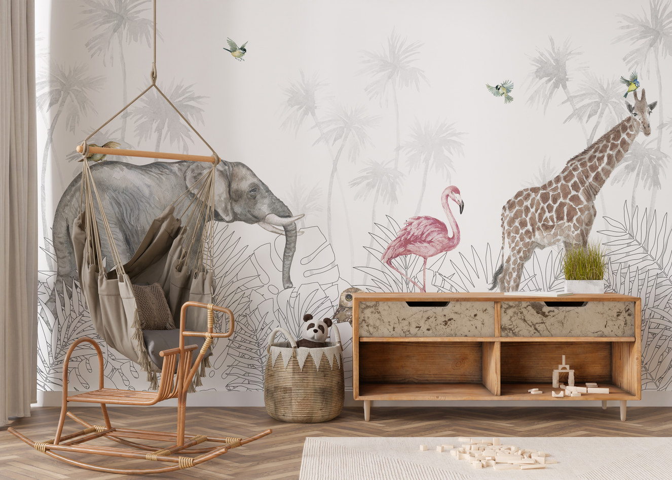 Jungle safari animals wallpaper for a playful kids room decor