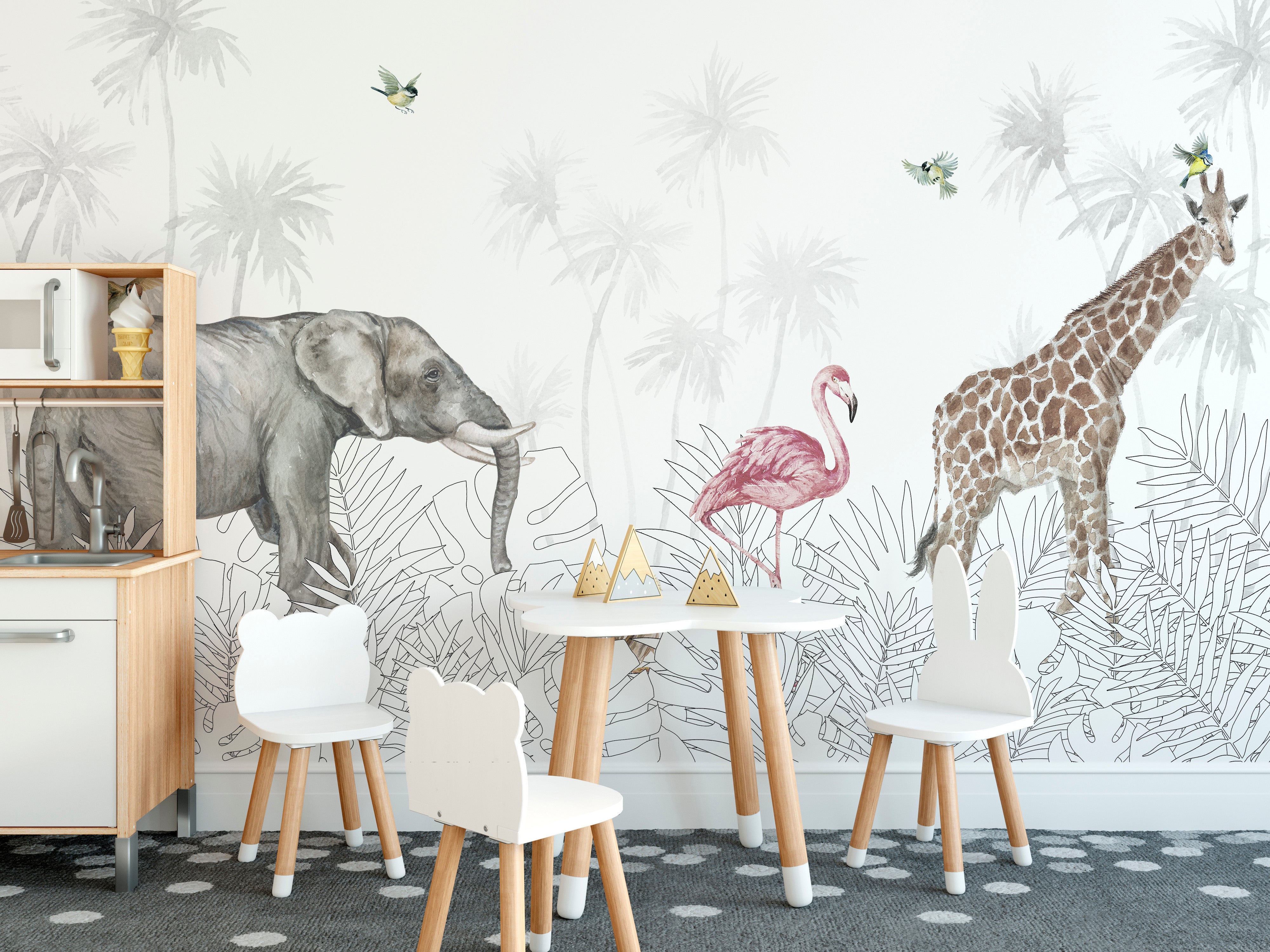 Colorful jungle safari animals wallpaper for children’s rooms