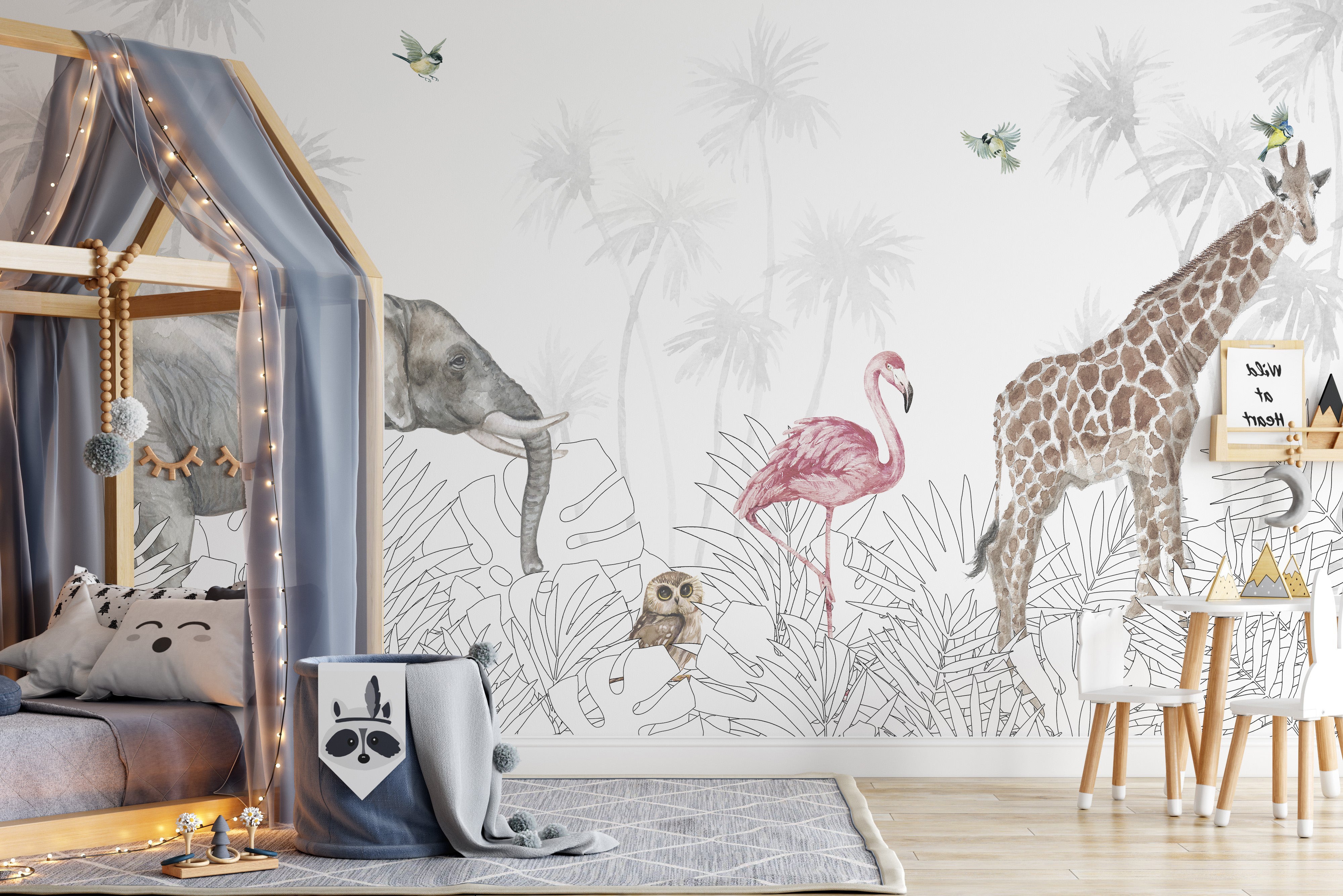 Jungle-themed kids room wallpaper with safari animals design