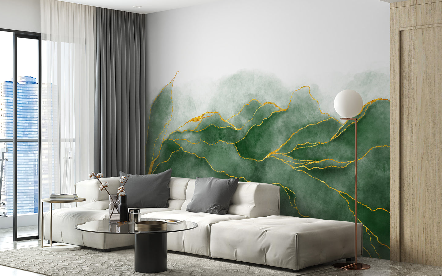 Marble-inspired lush green wall mural for unique interiors