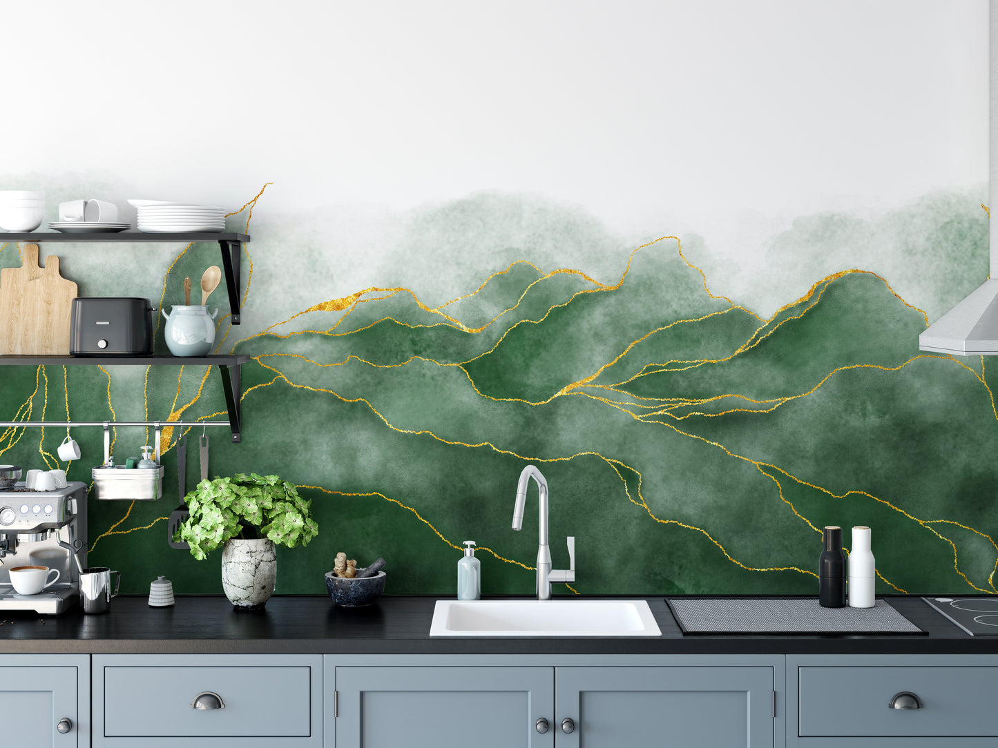 Contemporary green wall mural with marble texture details