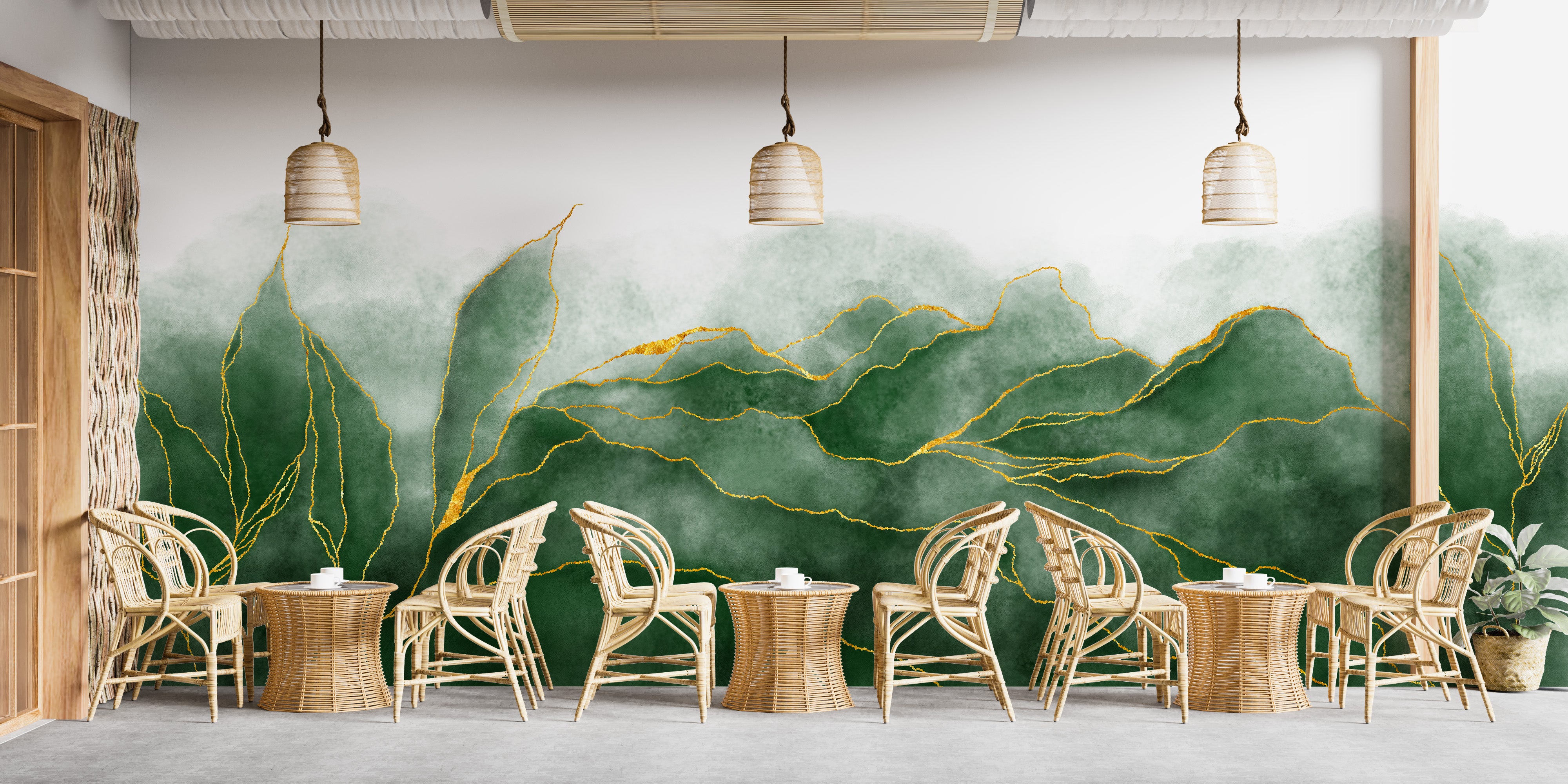 Elegant lush green wall mural with marble texture design