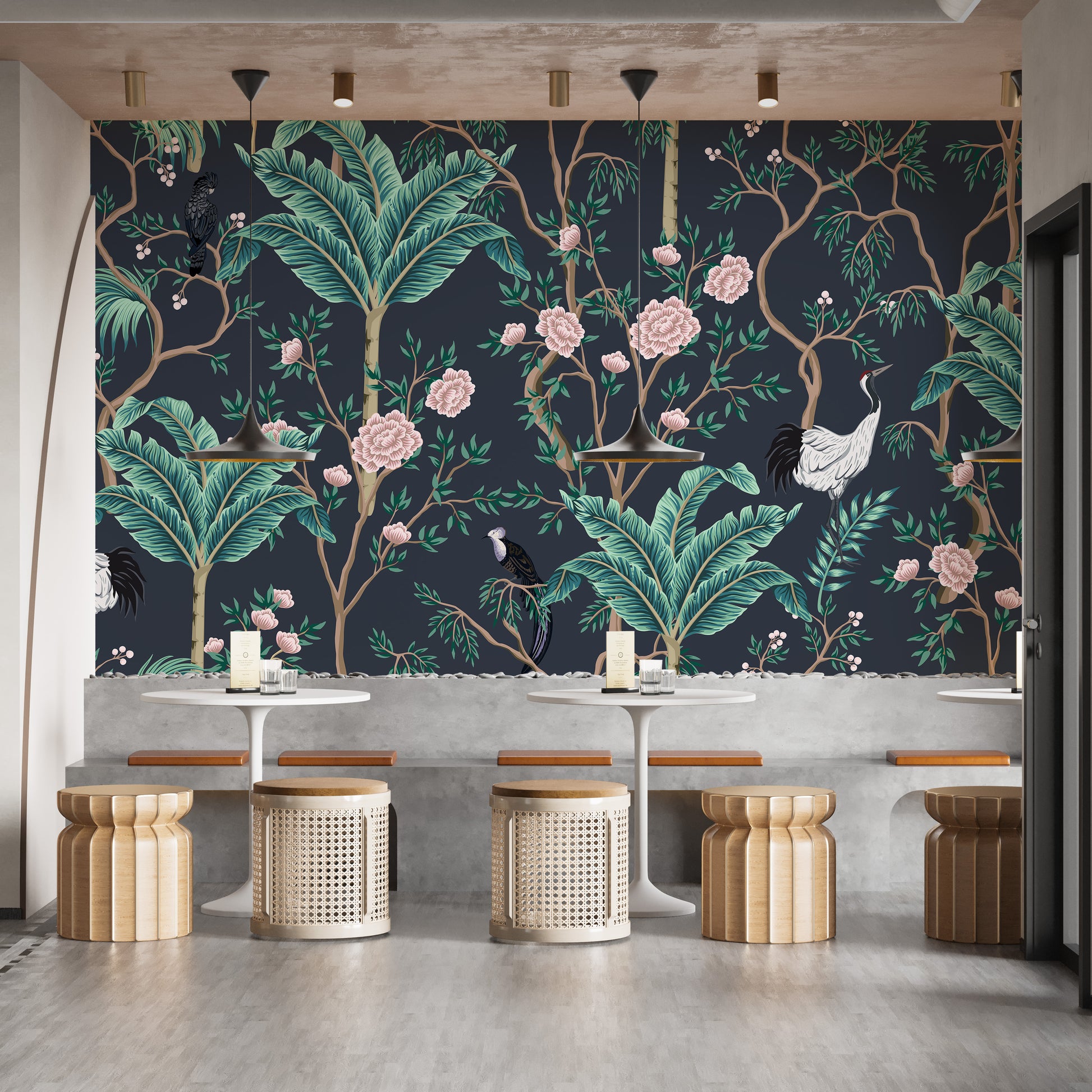 Sophisticated green leaves and flowers wallpaper for interiors