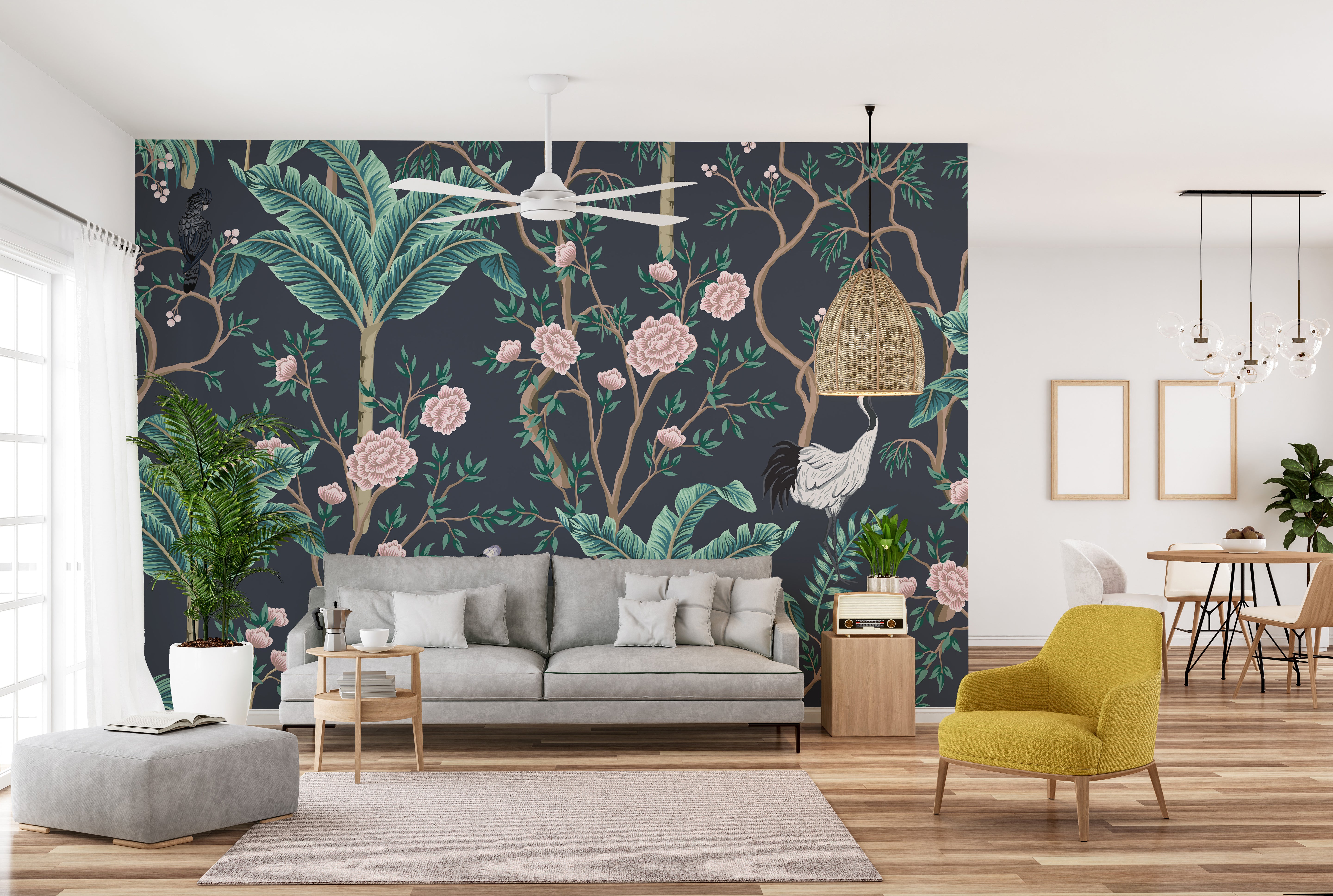 Green leaves and flowers wallpaper for bold, dark-themed walls