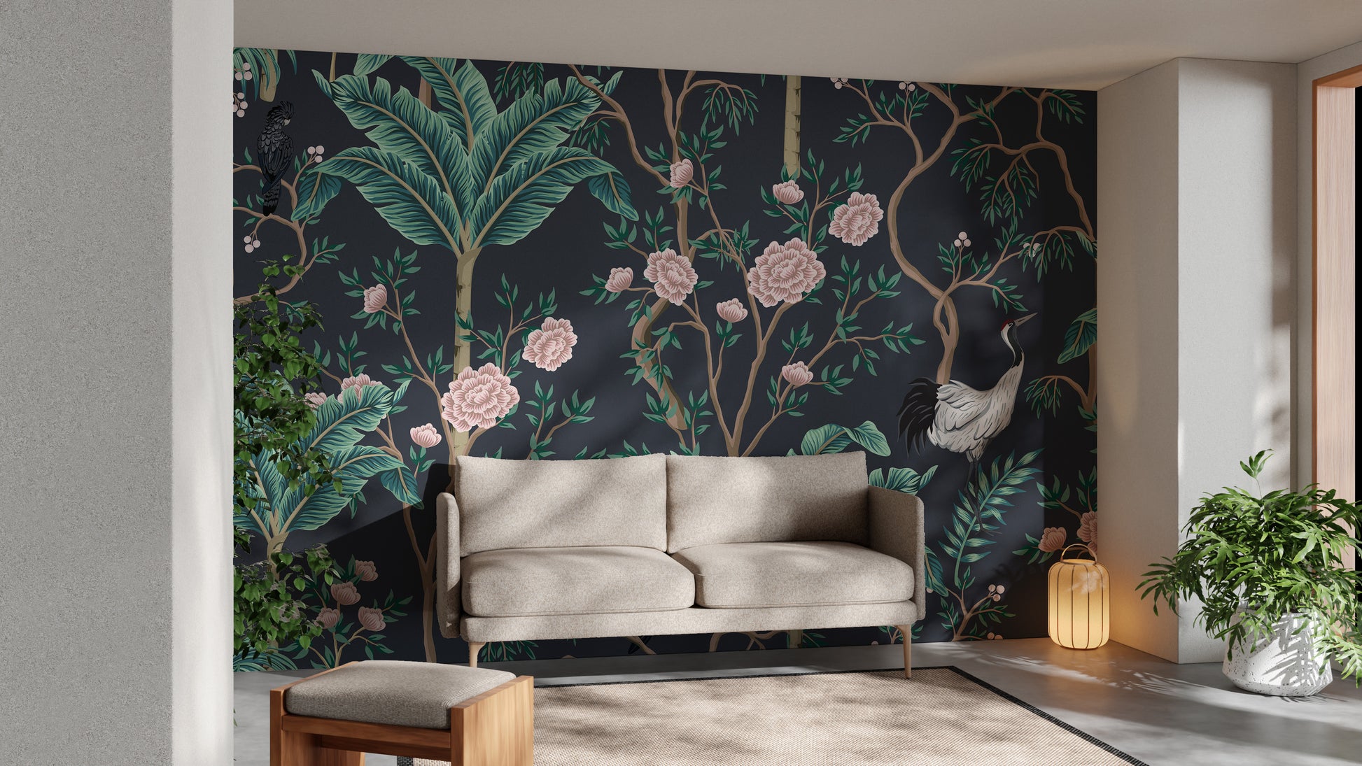 Dark wallpaper with green leaves and floral accents