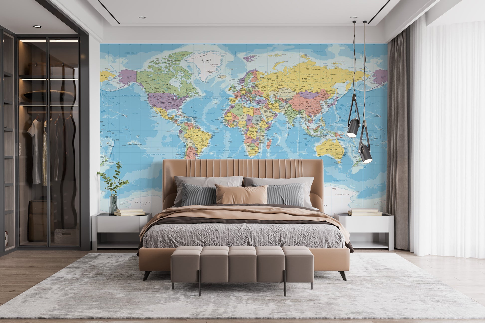 Travel-themed globe map wallpaper for modern interiors