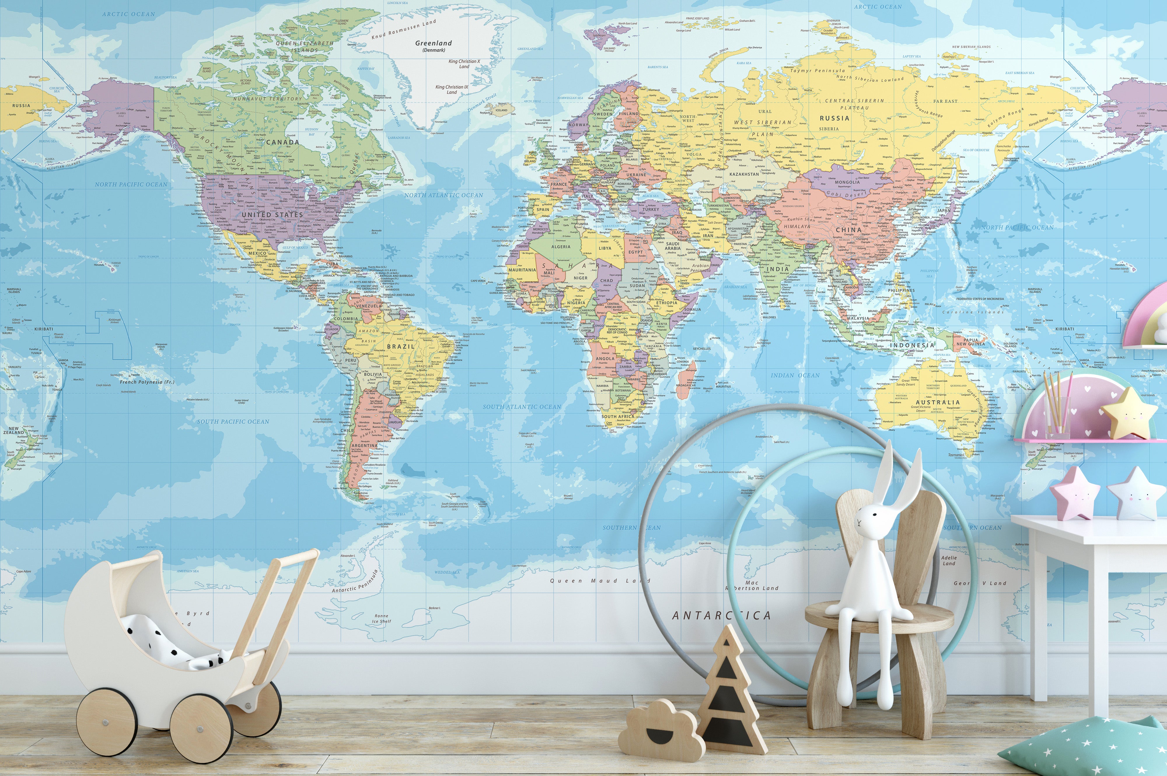 World map wallpaper with globe explorer design for interiors