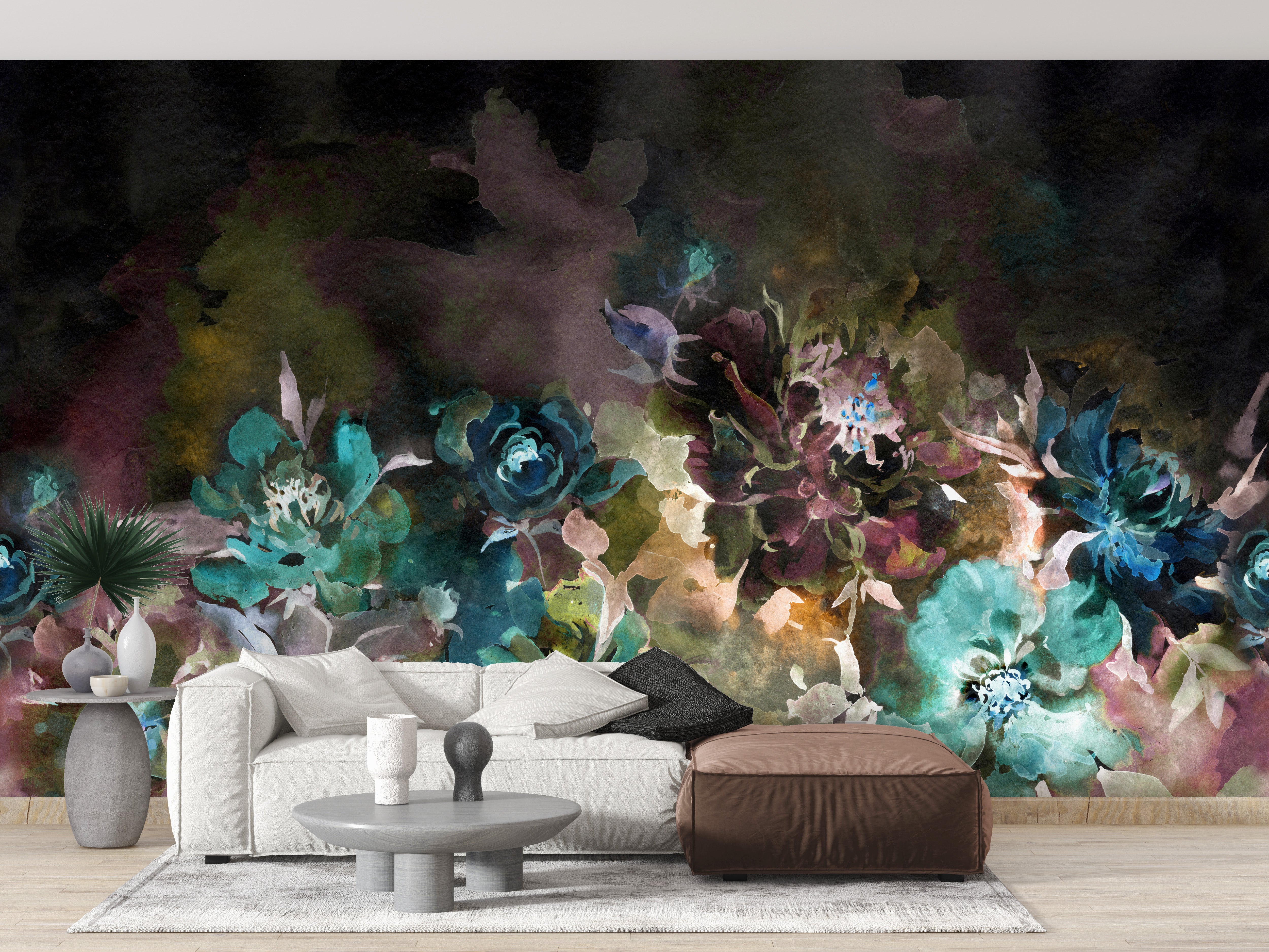 Gentle watercolor peony flowers mural for wall decor.
