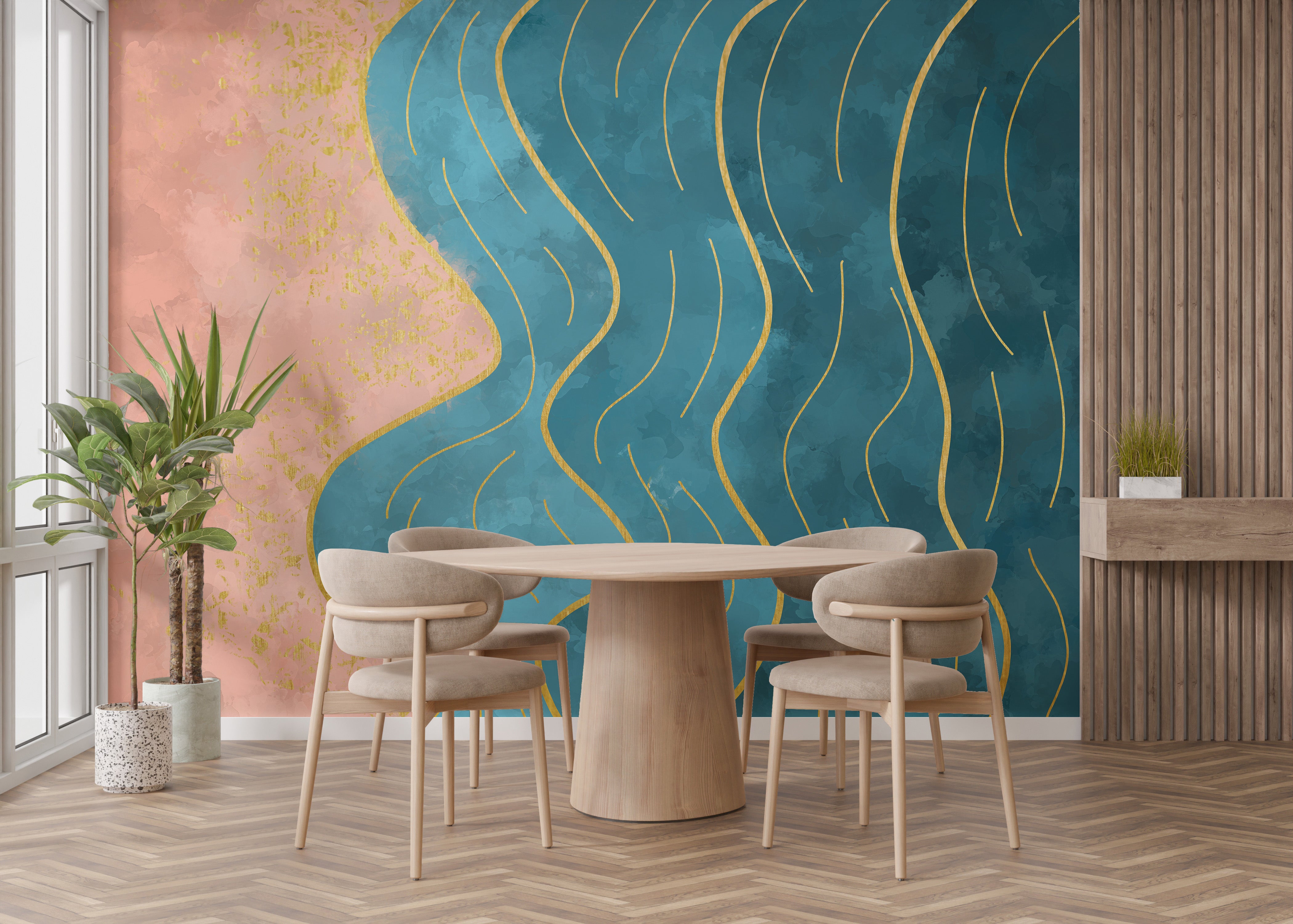 Abstract watercolor wave mural for modern wall decor.
