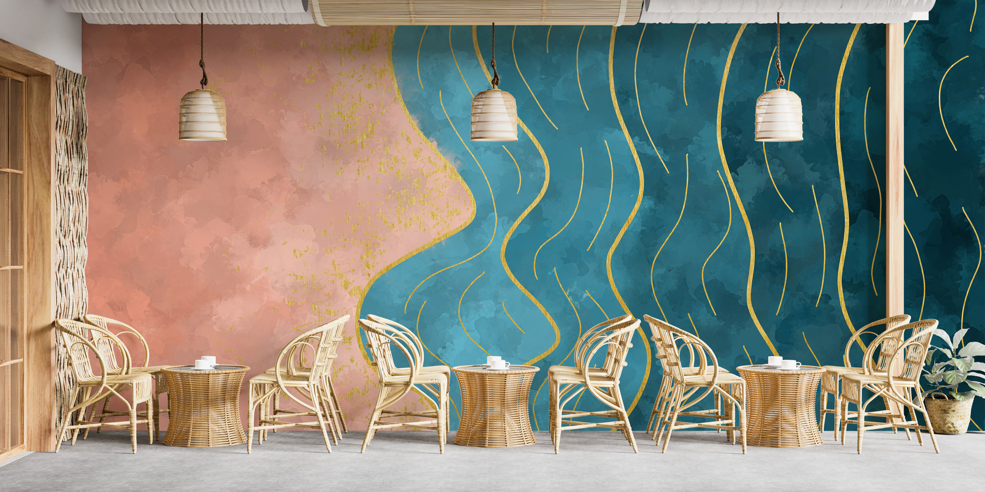 Abstract mural with flowing watercolor wave patterns.
